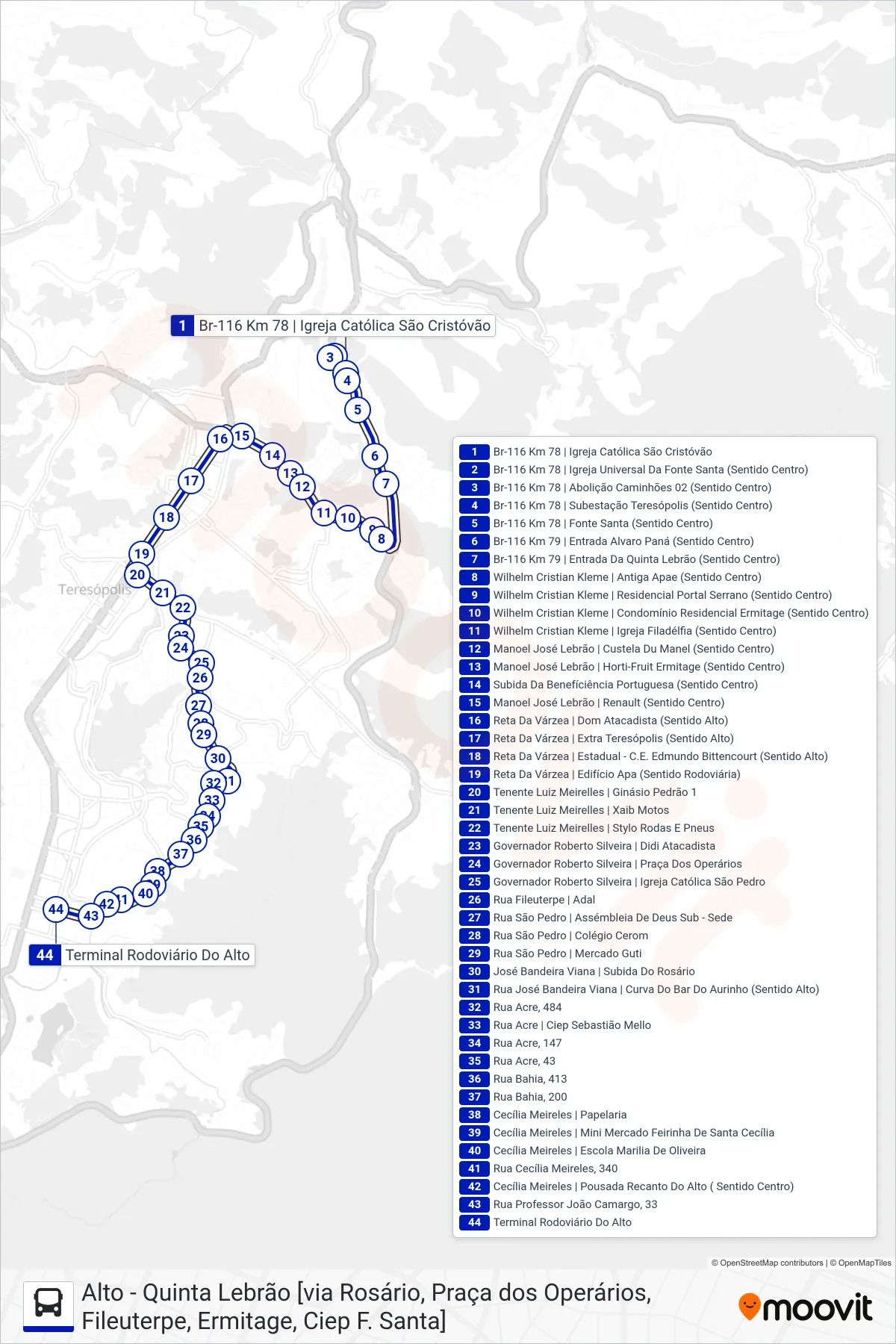 Rota e paradas da linha de ônibus  11  (Alto [Via Rosário, Pça. Operários]) no mapa