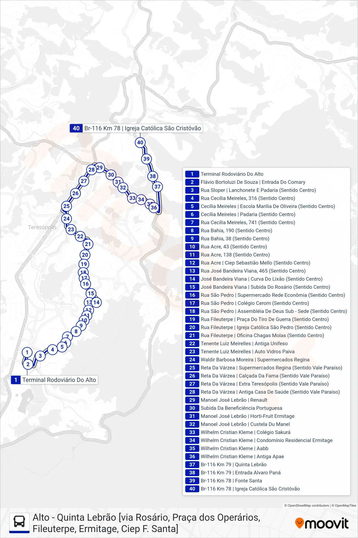 Rota e paradas da linha de ônibus  11  (Quinta Lebrão [Via Ermitage, Ciep]) no mapa