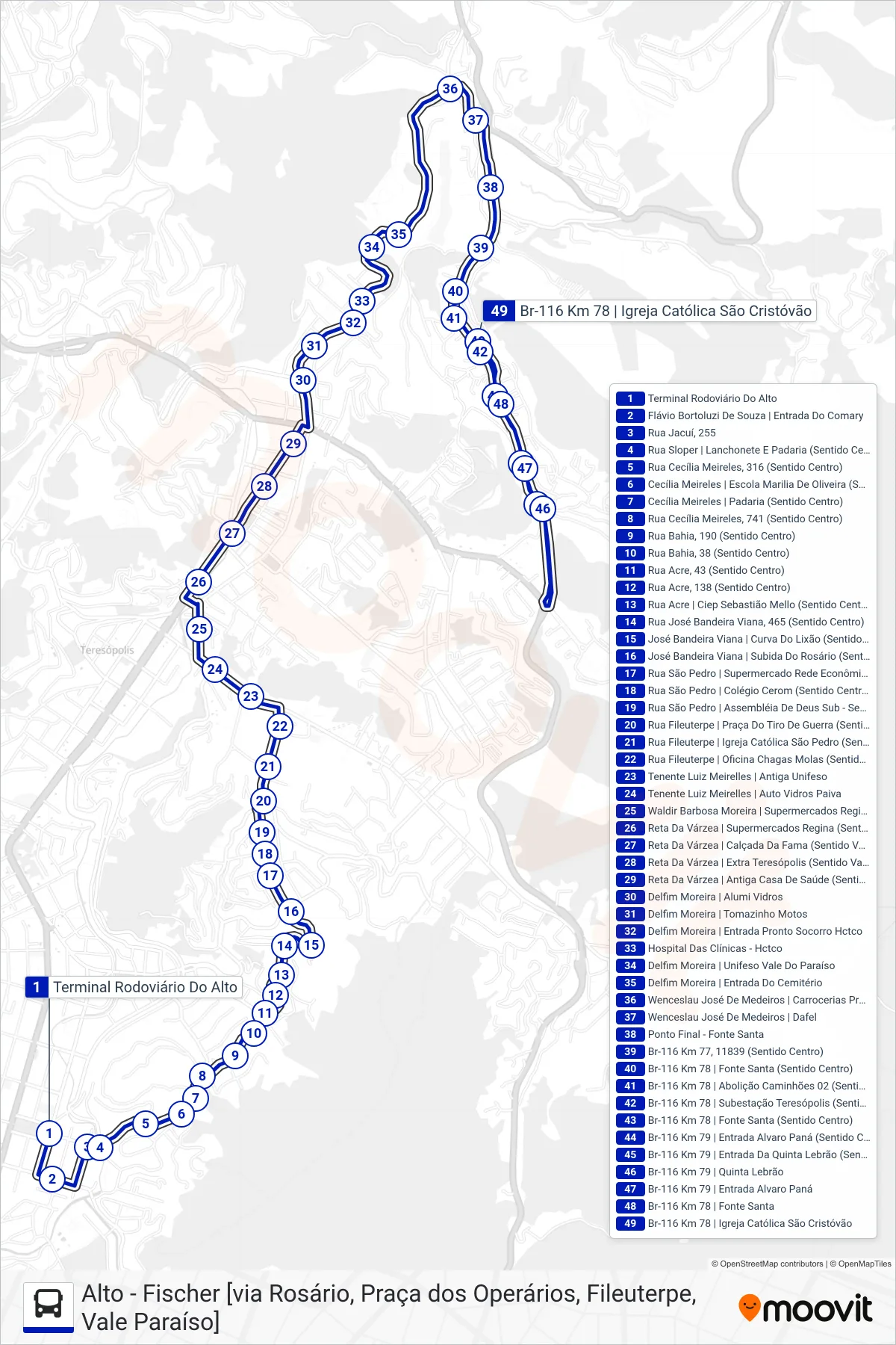 Rota e paradas da linha de ônibus  40  (Quinta Lebrão [Via V. Paraíso, CIEP F. Santa]) no mapa