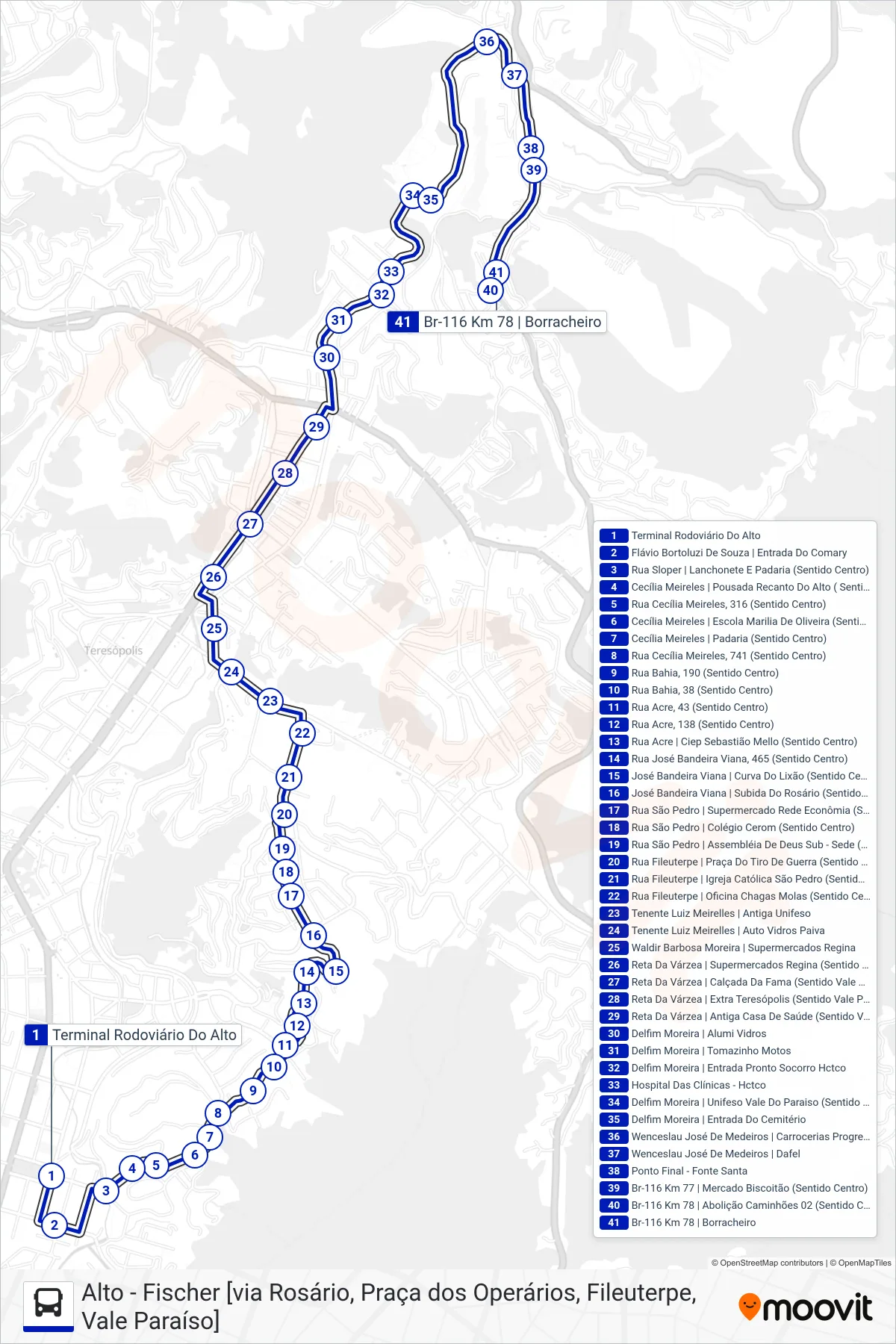 Rota e paradas da linha de ônibus  40  (Fonte Santa [Via Vale do Paraíso]) no mapa