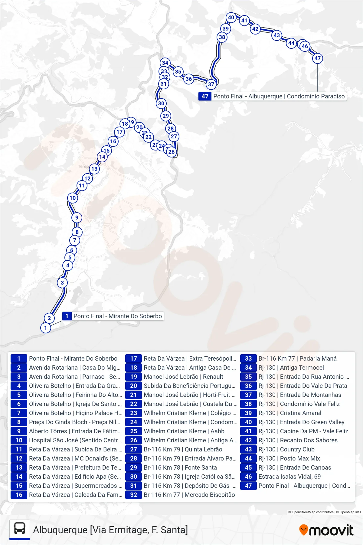 Rota e paradas da linha de ônibus  04  (Albuquerque [Via Ermitage, F. Santa]) no mapa