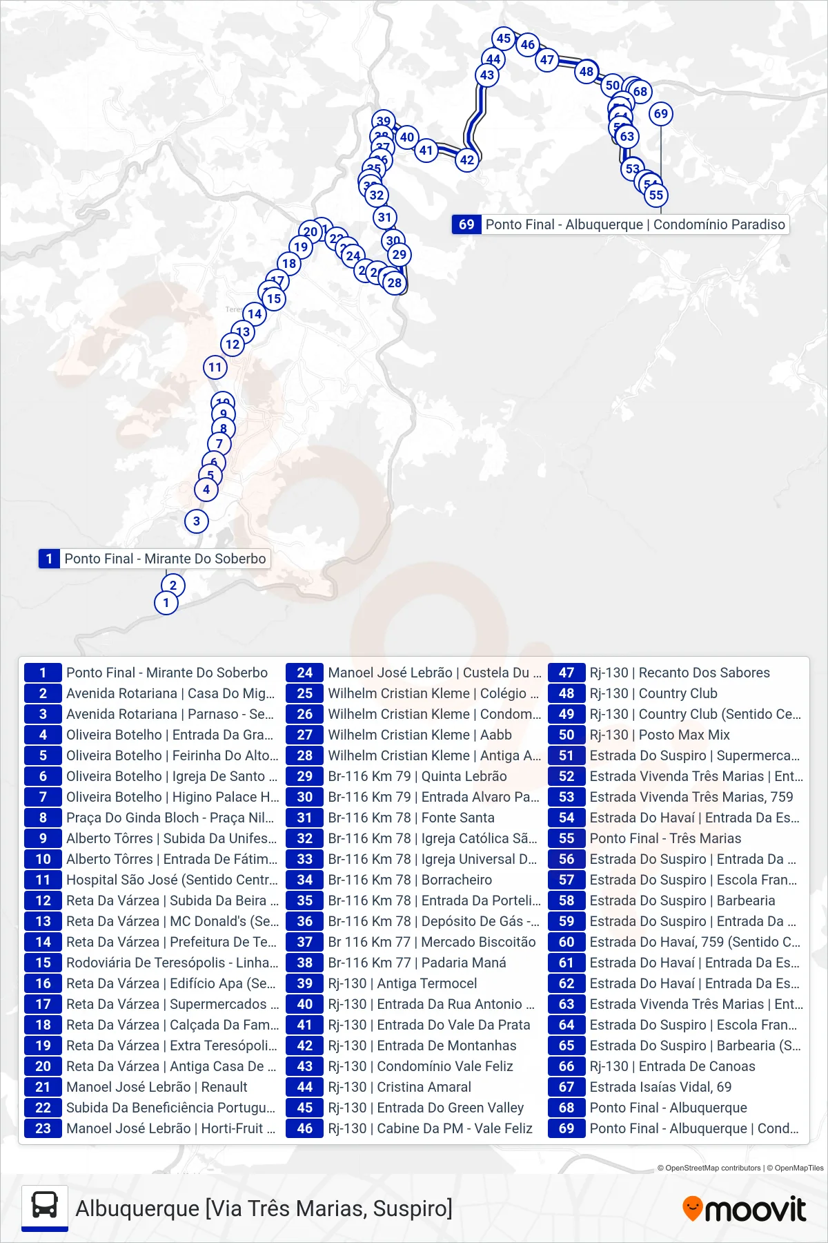 Rota e paradas da linha de ônibus  04  (Albuquerque [Via Três Marias, Suspiro]) no mapa