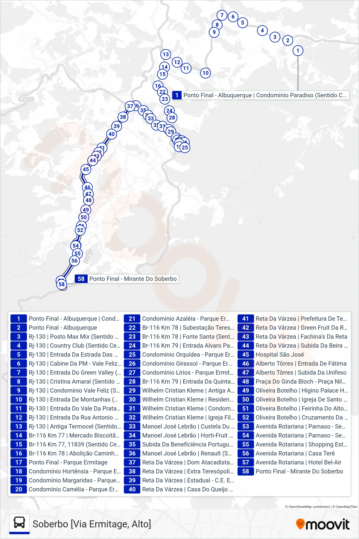 Rota e paradas da linha de ônibus  04  (Soberbo [Via Ermitage, Alto]) no mapa