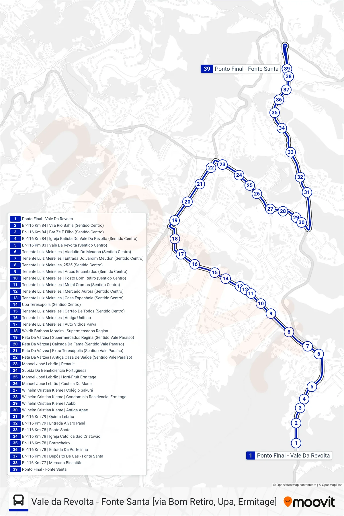 Rota e paradas da linha de ônibus  41  (Fonte Santa [Via Upa, Ermitage]) no mapa