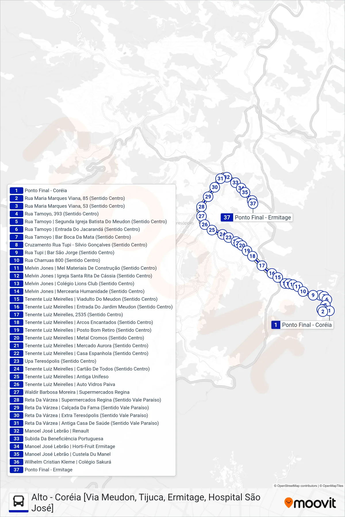 Rota e paradas da linha de ônibus  56  (Ermitage [Via Centro]) no mapa