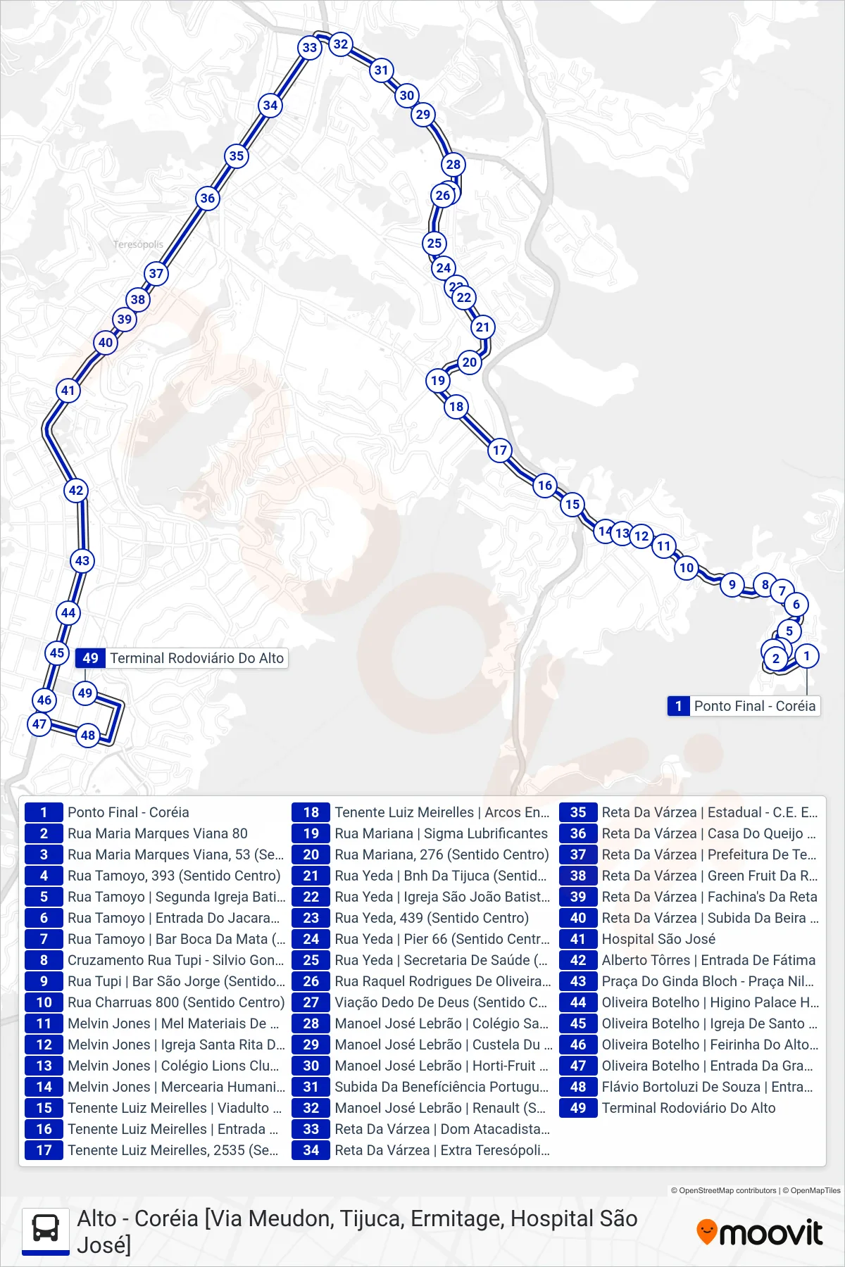 Rota e paradas da linha de ônibus  56  (Alto [Via Hosp. São José]) no mapa