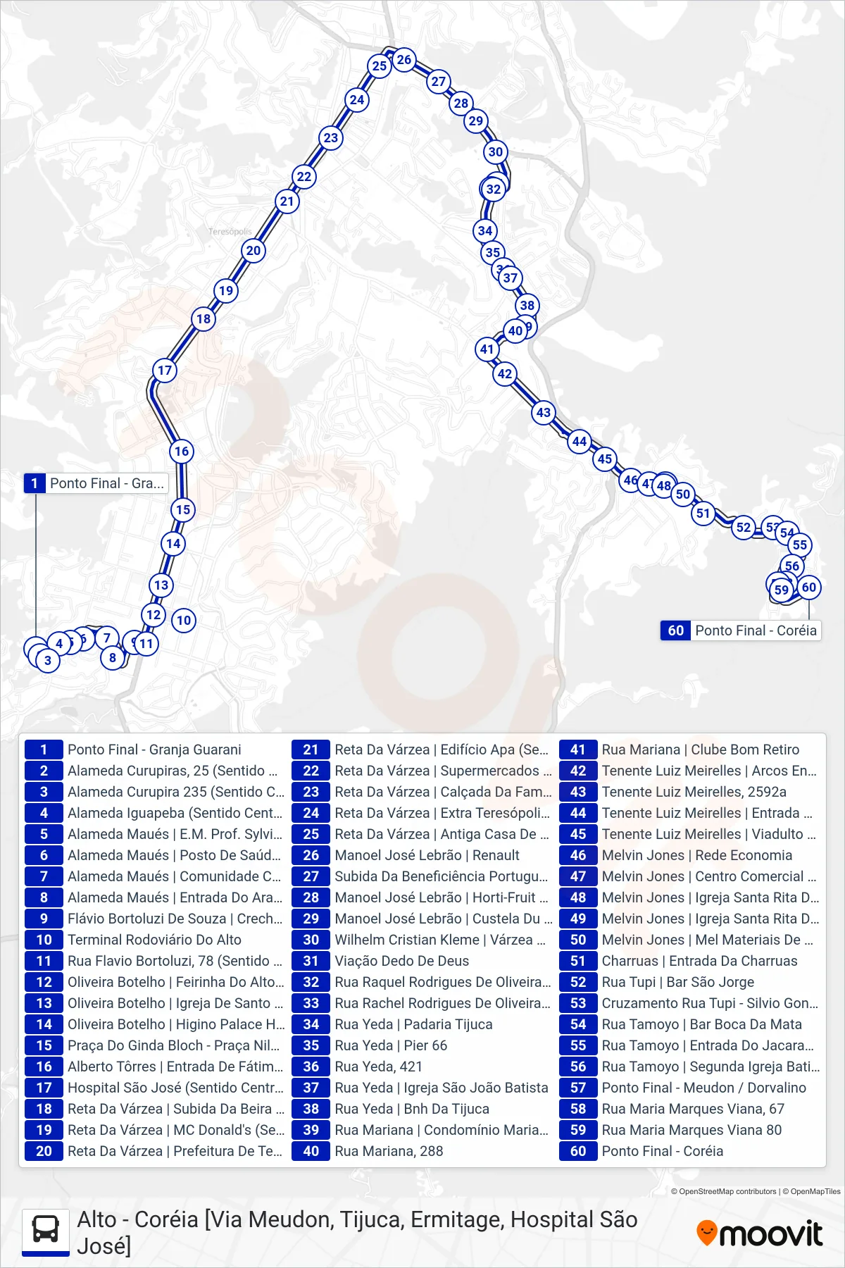 Rota e paradas da linha de ônibus  56  (Coréia [Via Ermitage, Tijuca]) no mapa