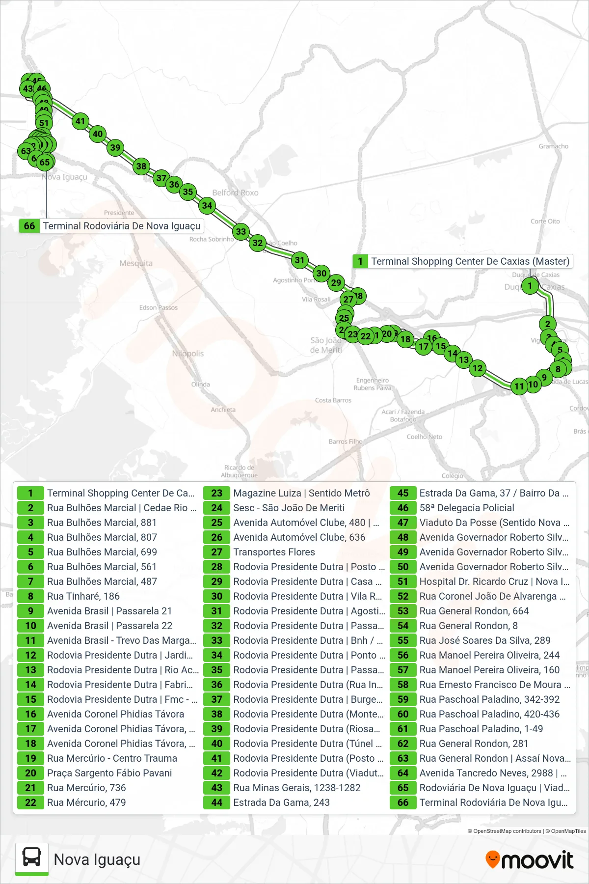 134I bus Line (Nova Iguaçu) route and stops on a map