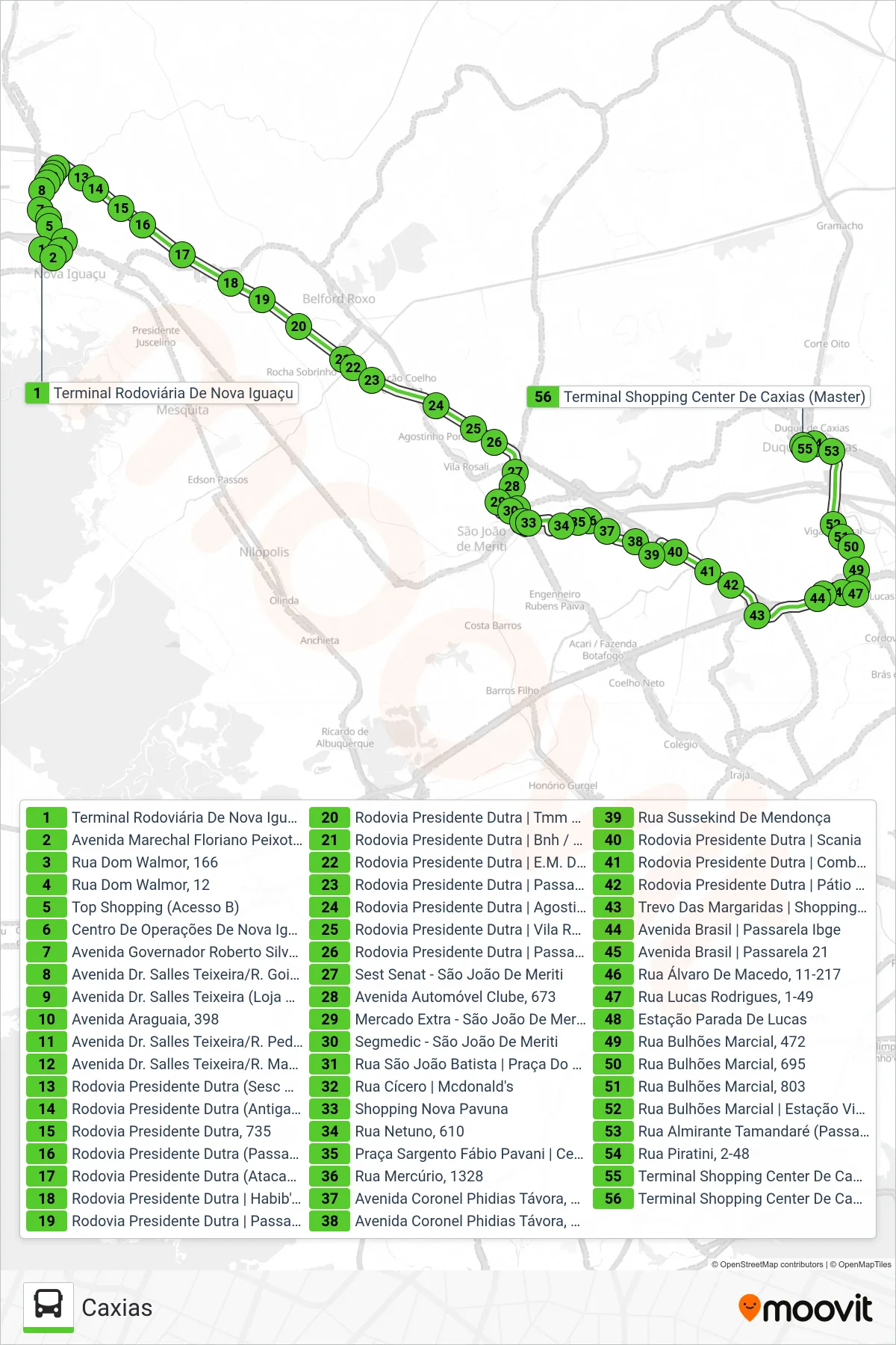 134I bus Line (Caxias) route and stops on a map