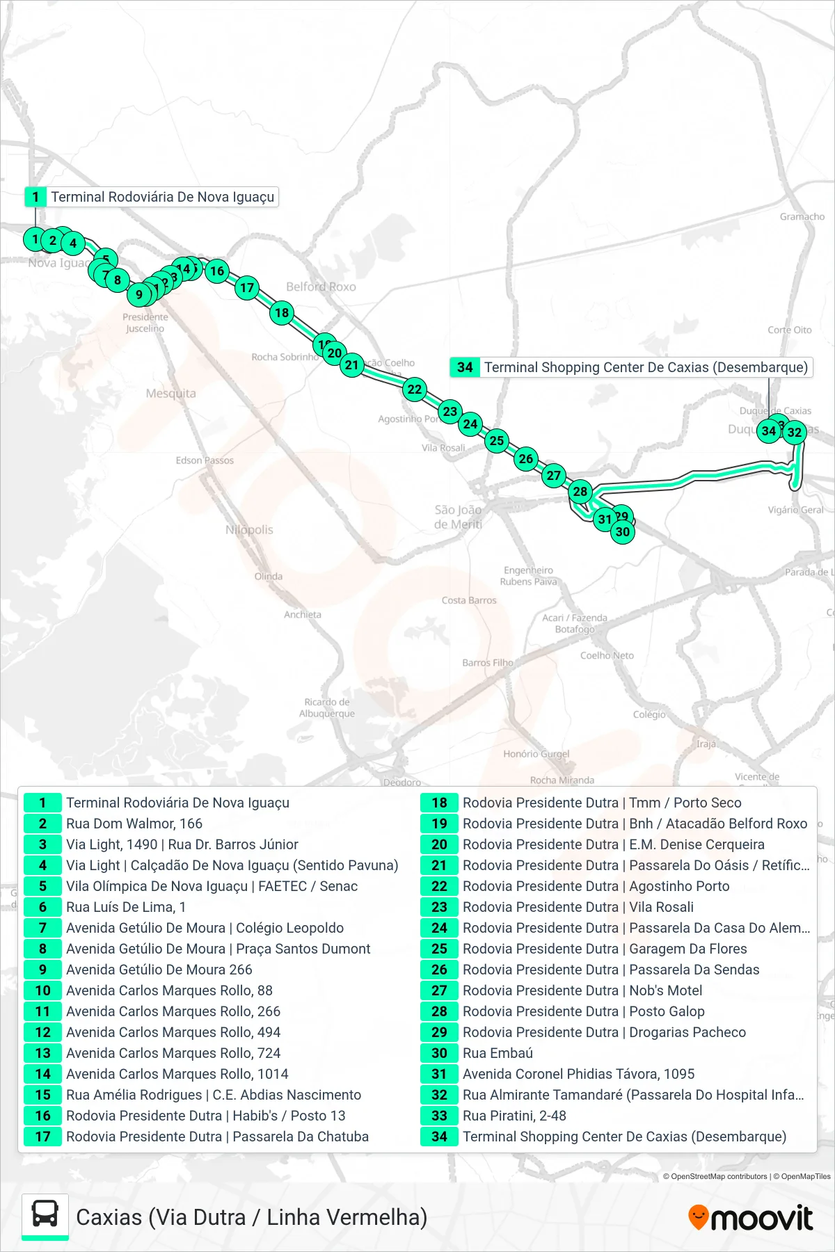 137I bus Line (Caxias (Via Dutra / Linha Vermelha)) route and stops on a map