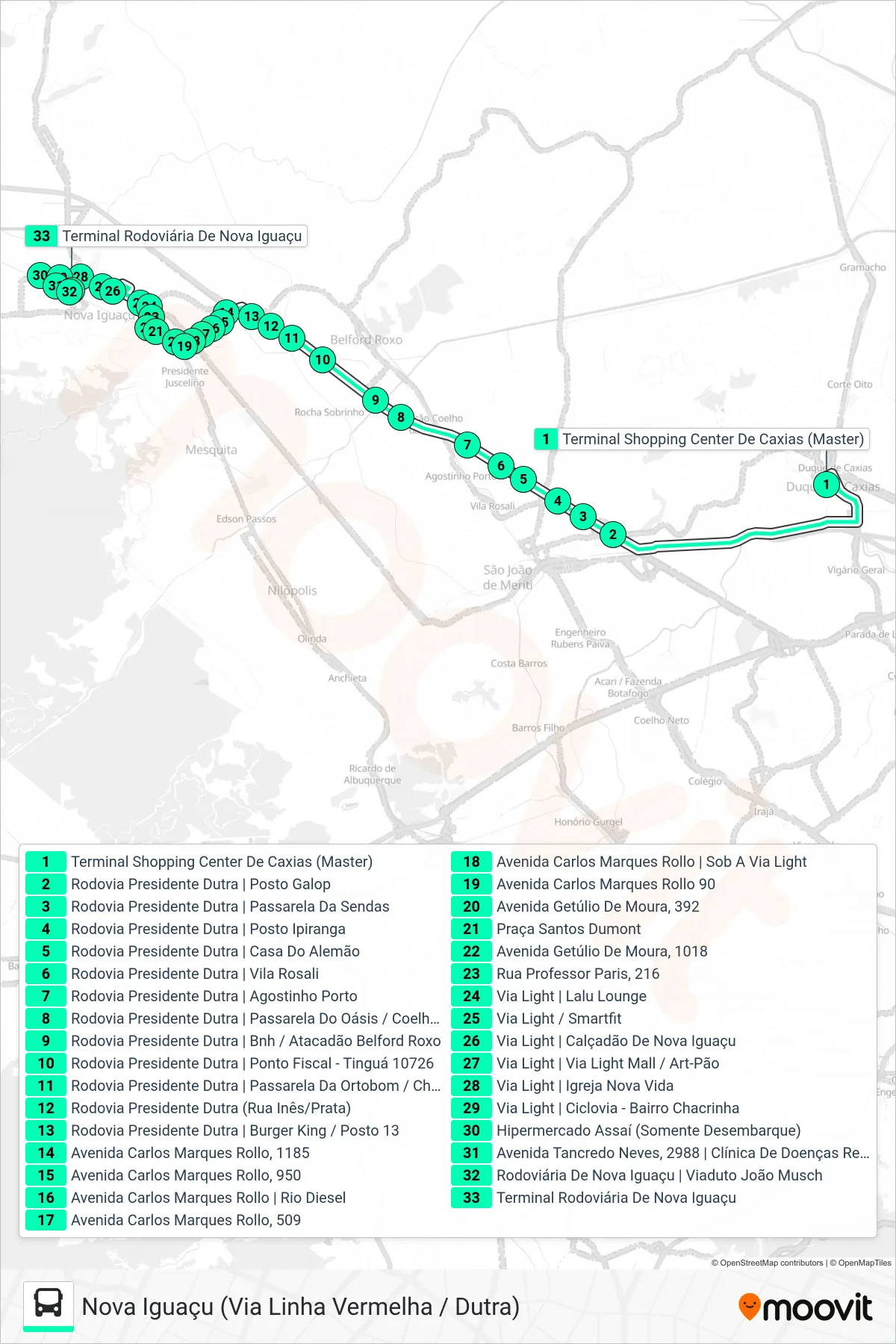 Rota e paradas da linha de ônibus 137I (Nova Iguaçu (Via Linha Vermelha / Dutra)) no mapa