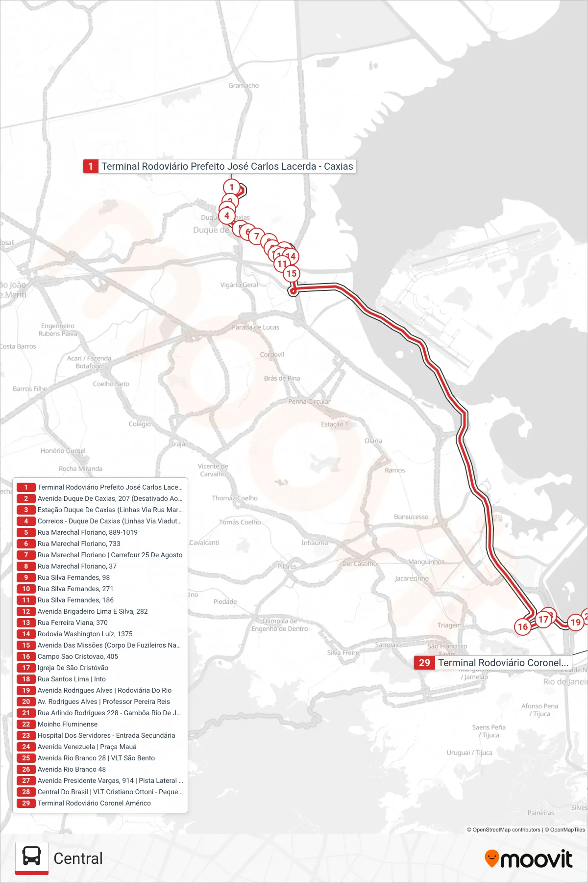 Rota e paradas da linha de ônibus 1102C (Central) no mapa