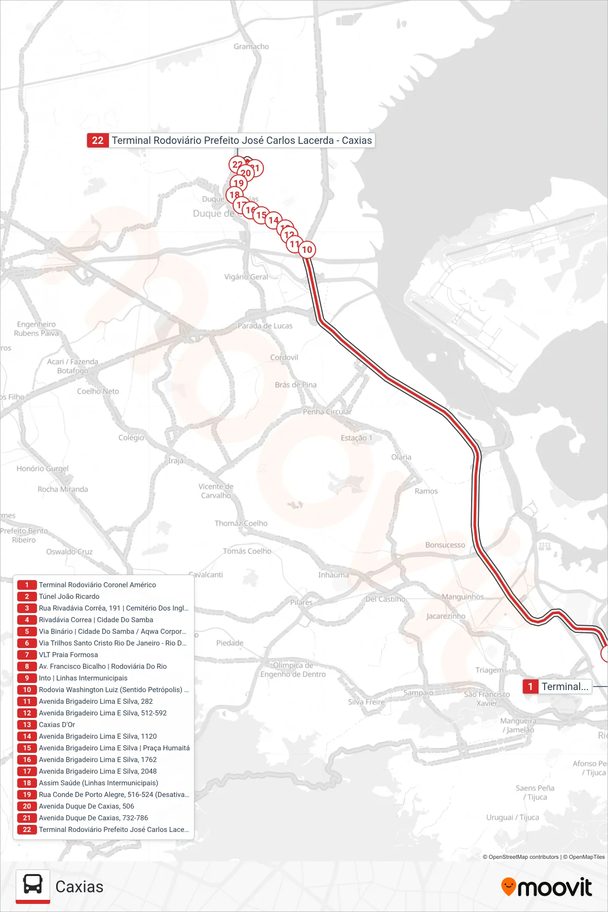 1102C bus Line (Caxias) route and stops on a map