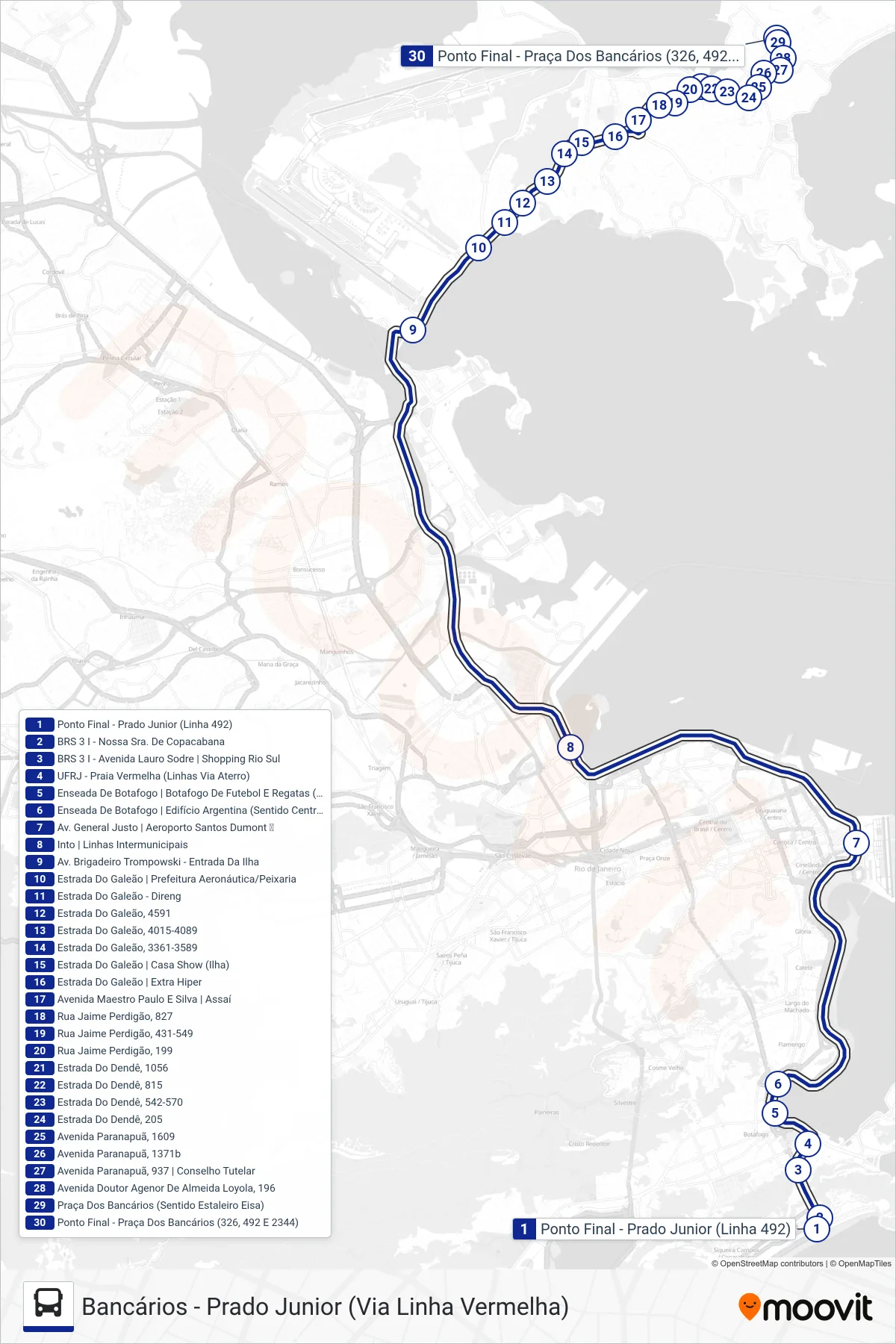 Rota e paradas da linha de ônibus 492 (Bancários) no mapa