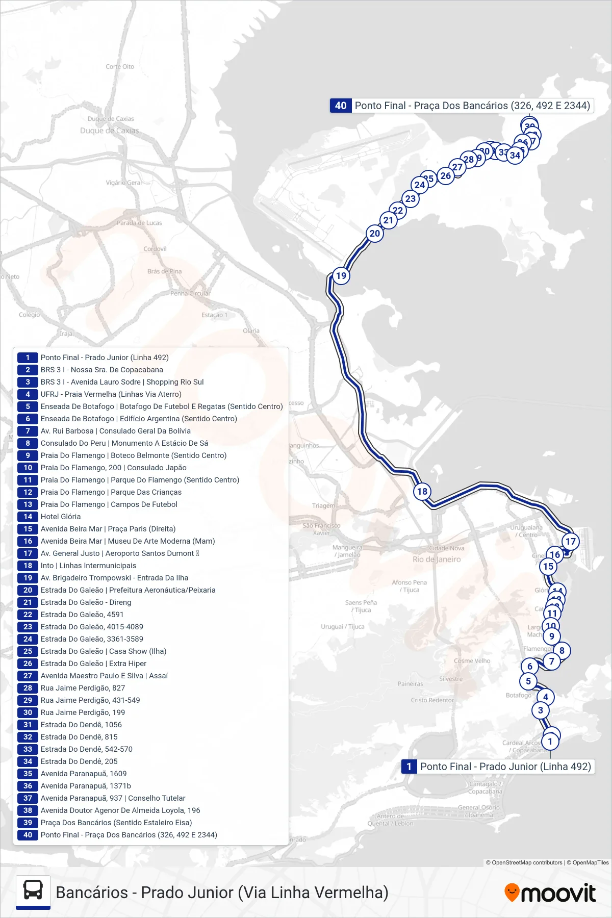 Rota e paradas da linha de ônibus 492 (Bancários (Via Praia Do Flamengo)) no mapa