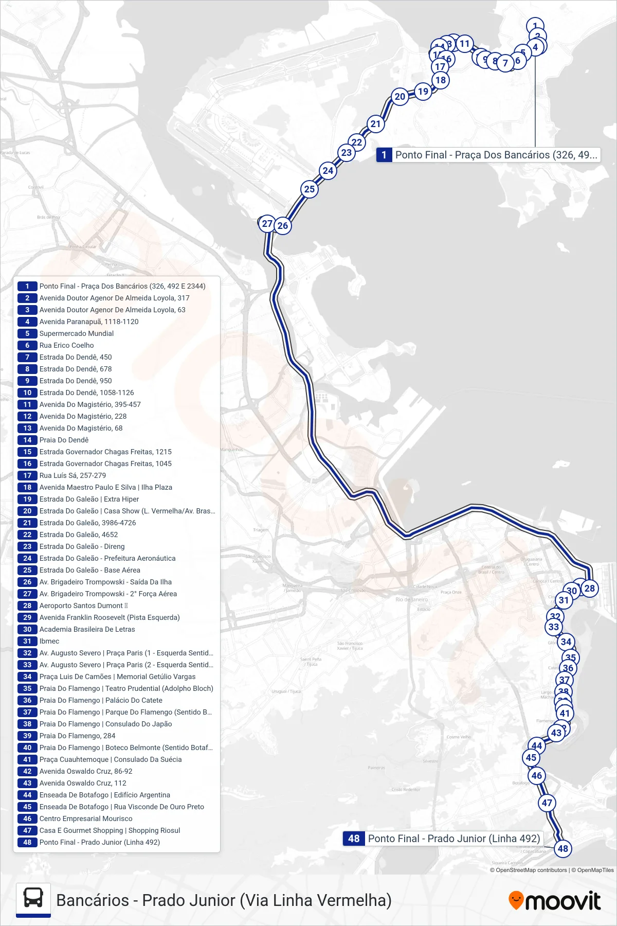 Rota e paradas da linha de ônibus 492 (Prado Junior (Via Praia Do Flamengo)) no mapa
