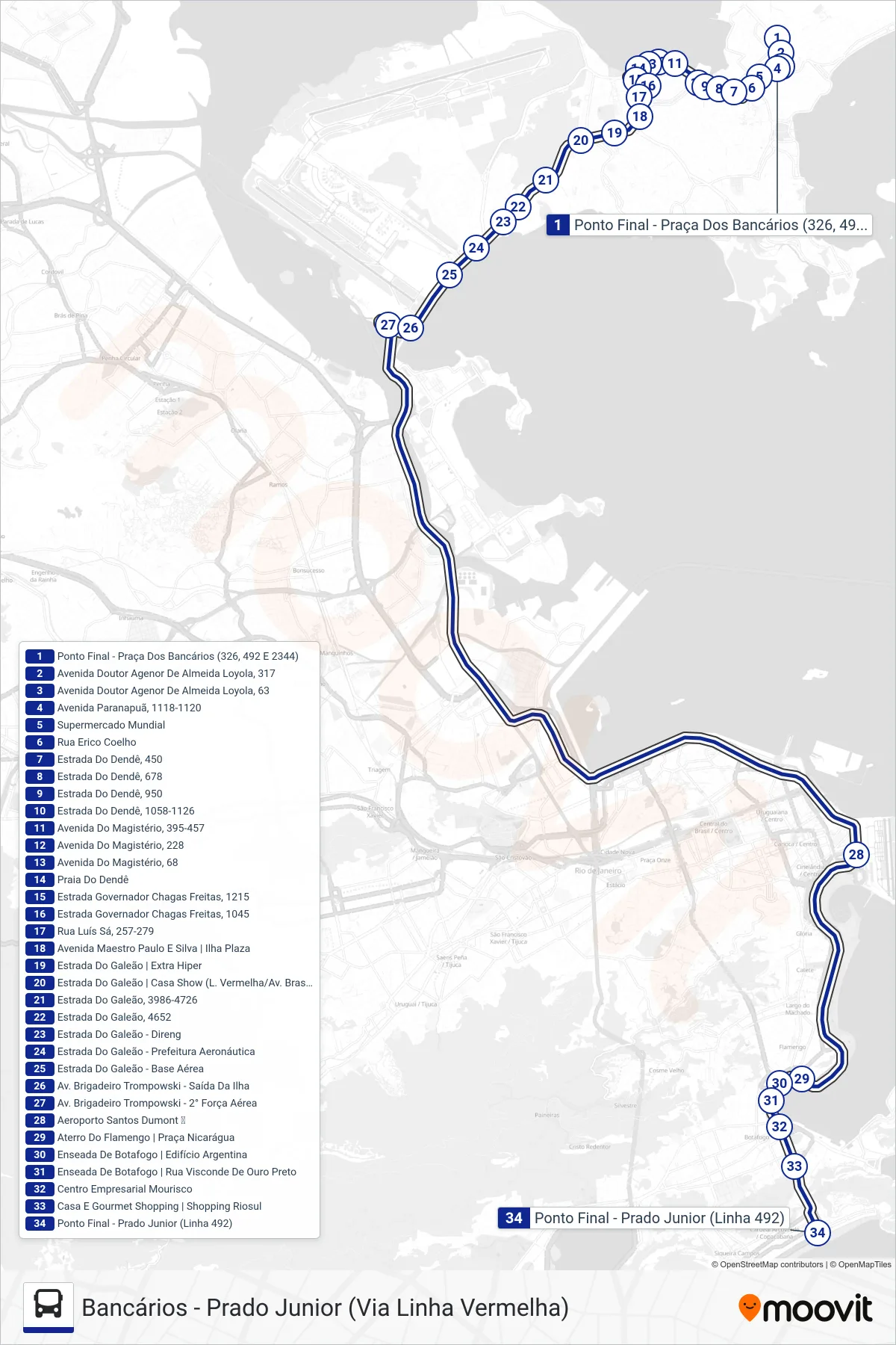 Rota e paradas da linha de ônibus 492 (Prado Junior) no mapa