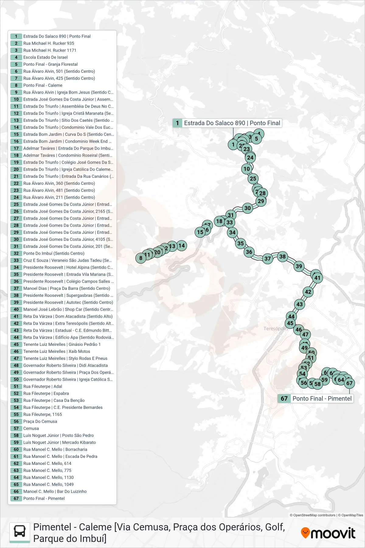 Rota e paradas da linha de ônibus  P04  (Pimentel [Via Pça. Operários, Cemusa]) no mapa
