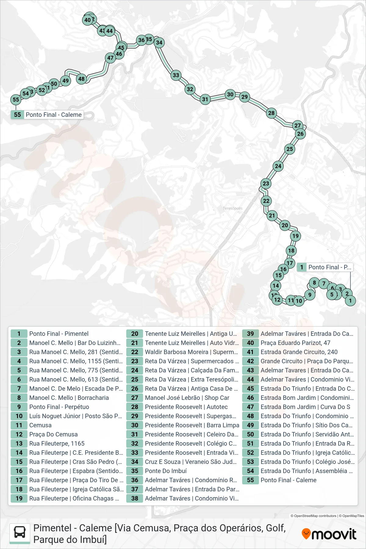 Rota e paradas da linha de ônibus  P04  (Caleme [Via Pq. Imbuí, Golf]) no mapa