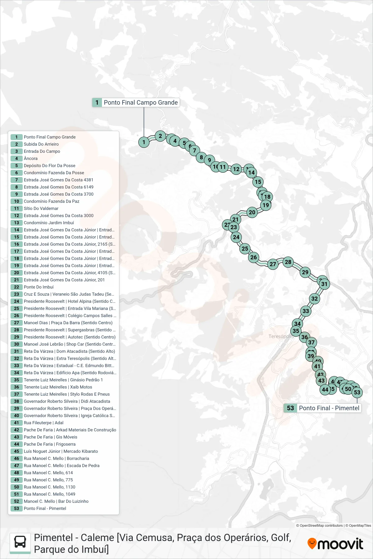 Rota e paradas da linha de ônibus  P04  (Pimentel [Via Praça dos Operários]) no mapa