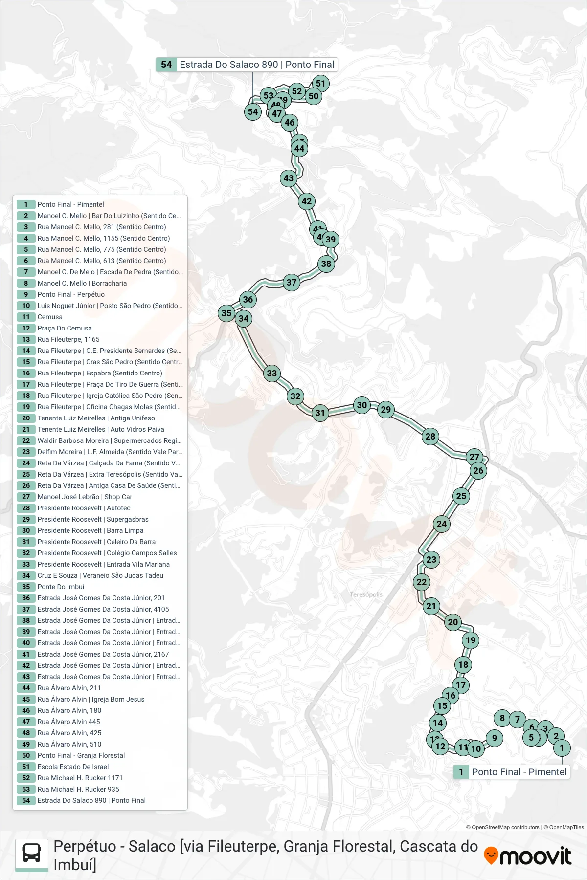 Rota e paradas da linha de ônibus  P10  (Salaco [Via Casc. Imbuí, Grj. Florestal]) no mapa