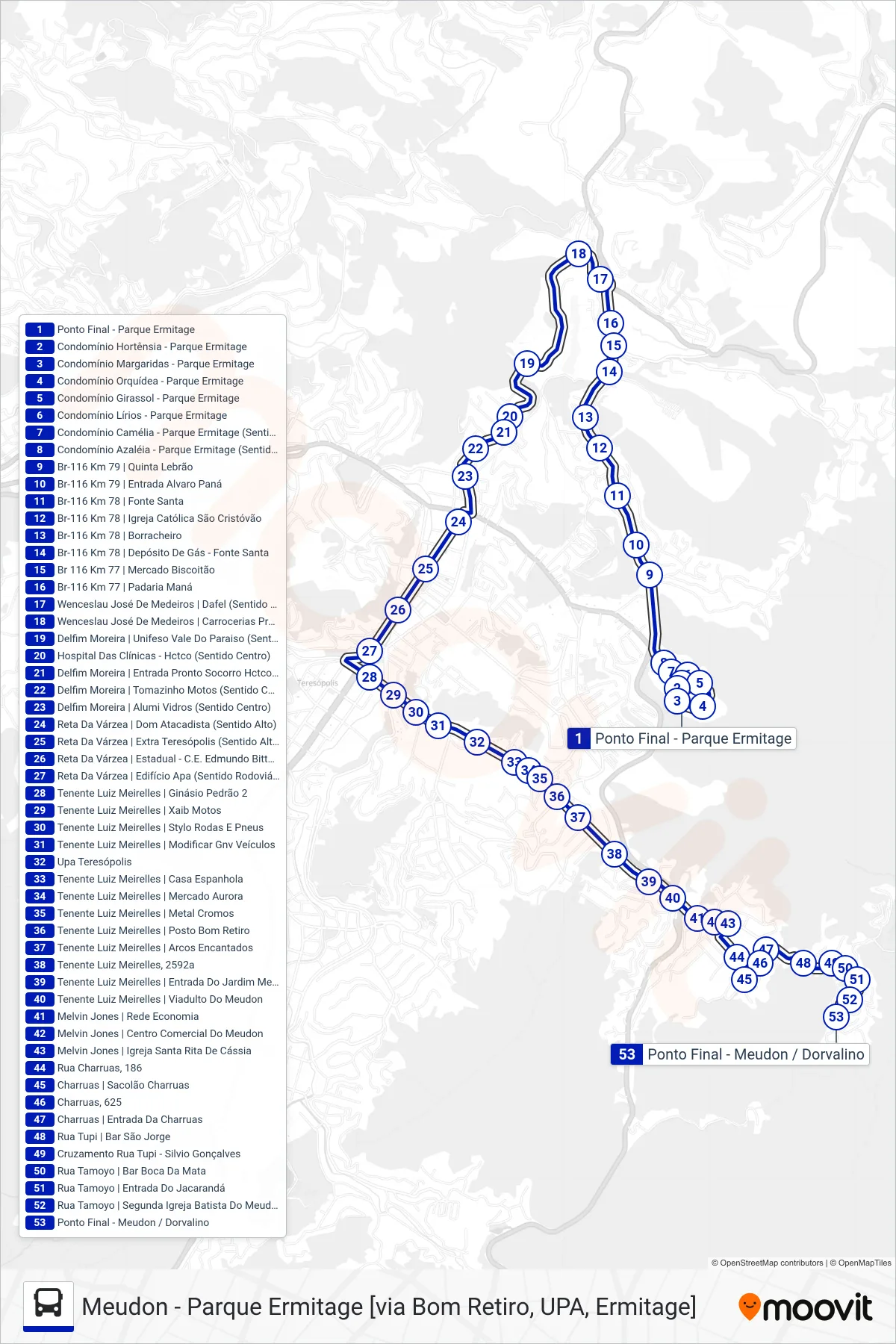 Rota e paradas da linha de ônibus  06  (Meudon [Via Bom Retiro, Charruas]) no mapa