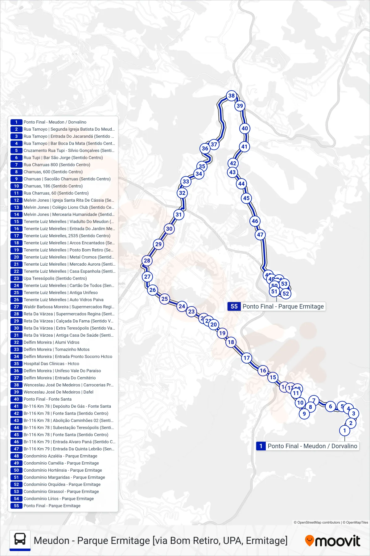 Rota e paradas da linha de ônibus  06  (Pq. Ermitage [Via Bom Retiro, Vale Paraíso]) no mapa