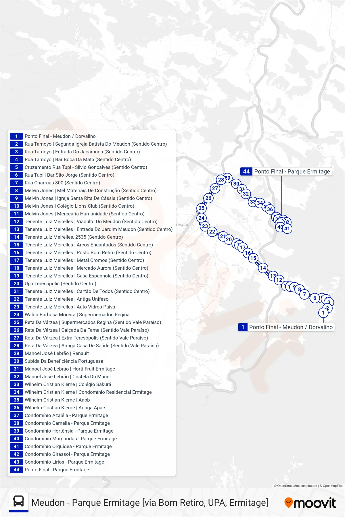 Rota e paradas da linha de ônibus  06  (Pq. Ermitage [Via Bom Retiro, Ermitage]) no mapa