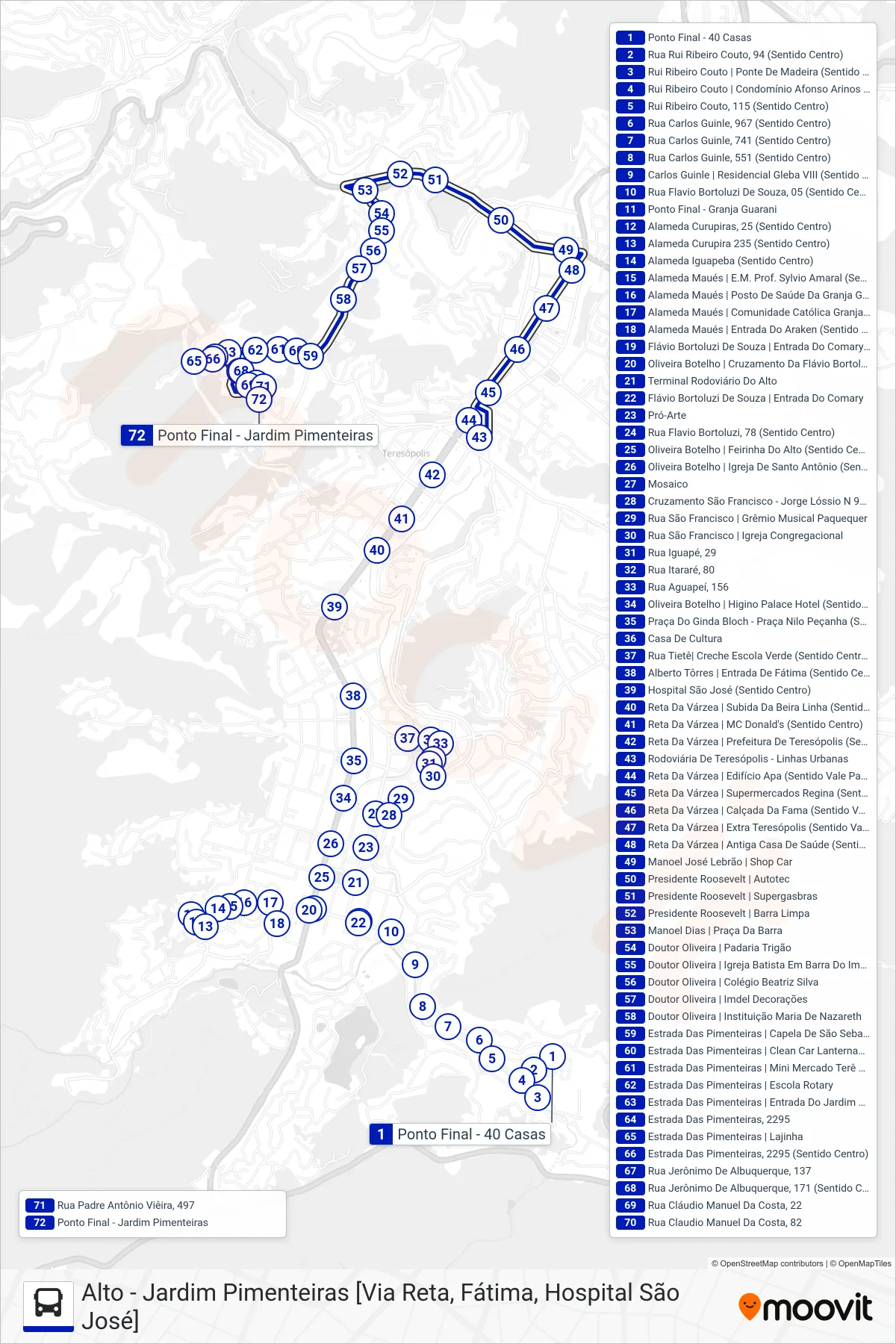 Rota e paradas da linha de ônibus  12  (Jardim Pimenteiras [Via Várzea]) no mapa