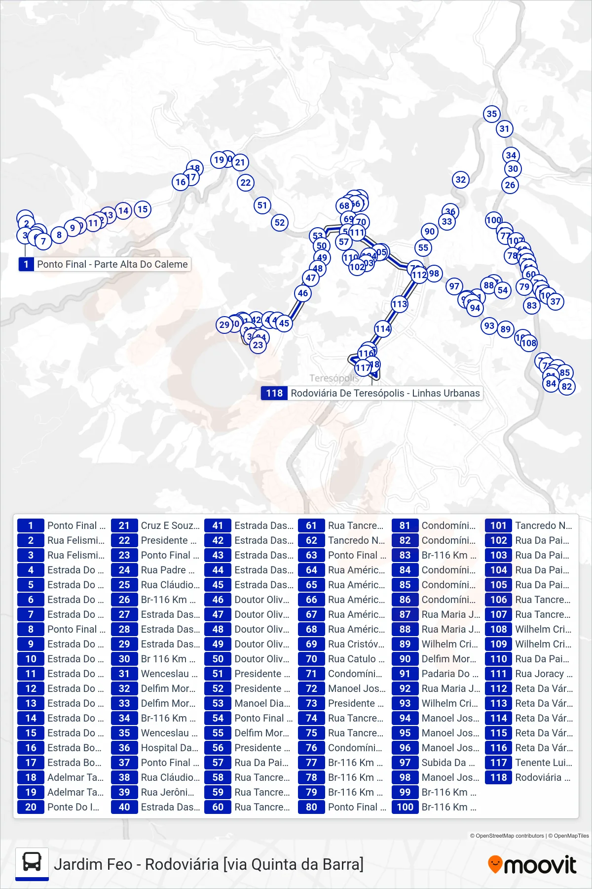 Rota e paradas da linha de ônibus  16  (Rodoviária [Via Centro]) no mapa