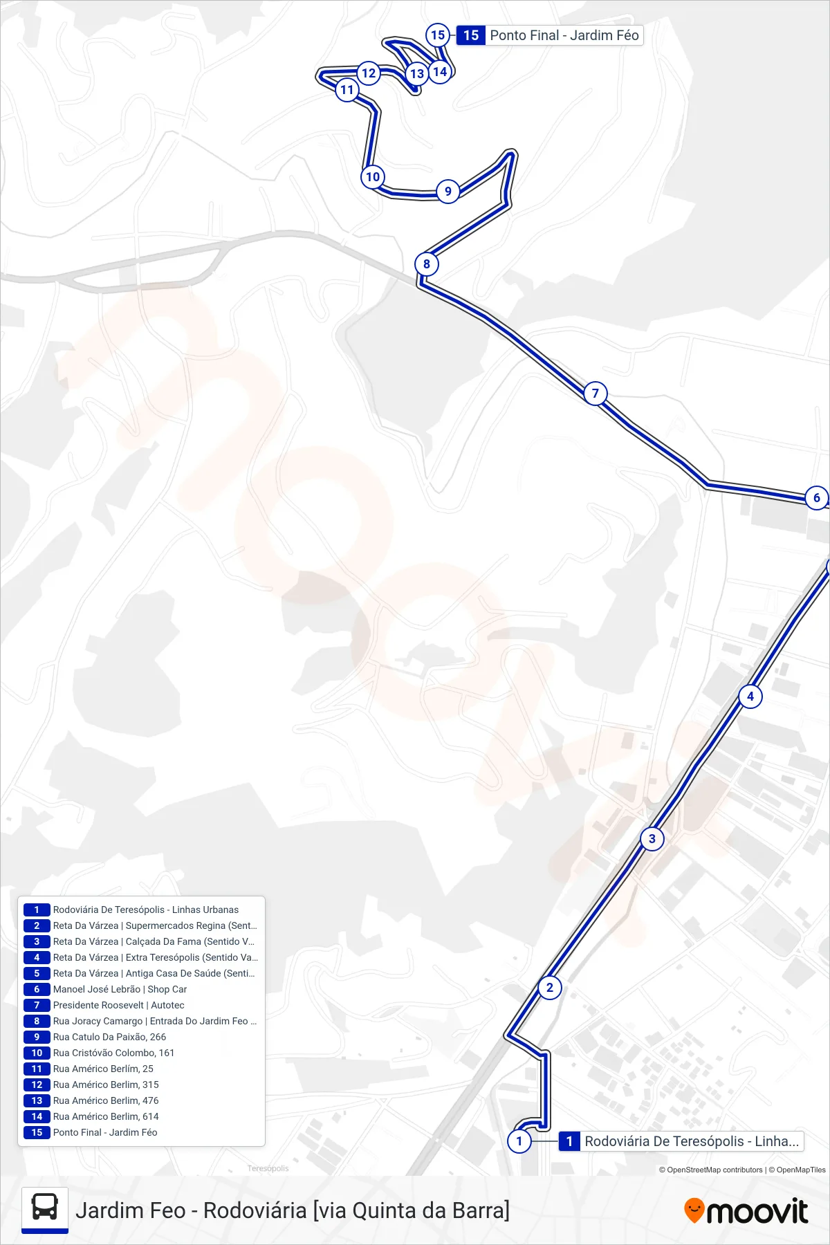Rota e paradas da linha de ônibus  16  (Jardim Feo [Via Centro]) no mapa