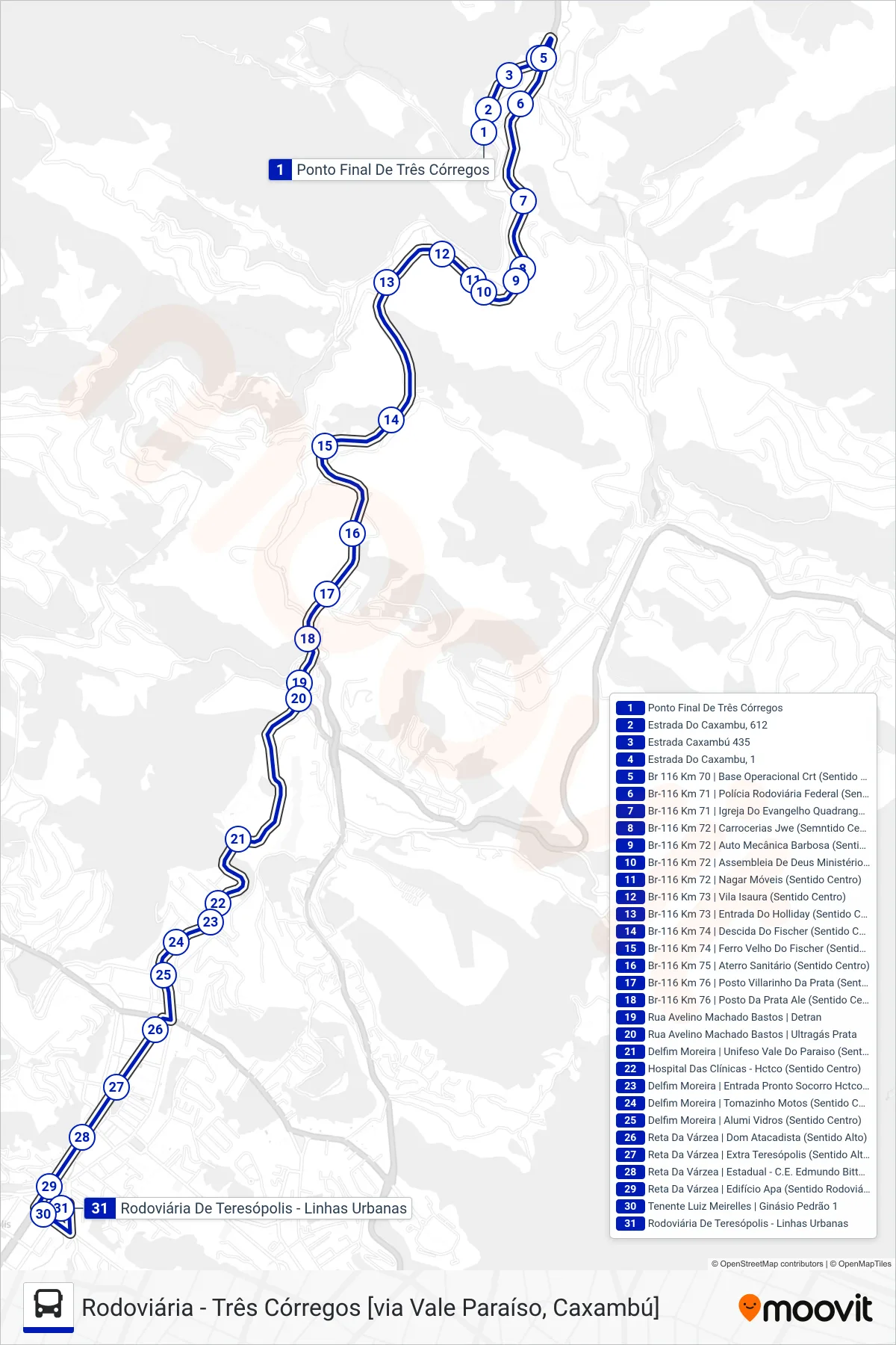Rota e paradas da linha de ônibus  24  (Rodoviária [Via Vale Paraíso]) no mapa