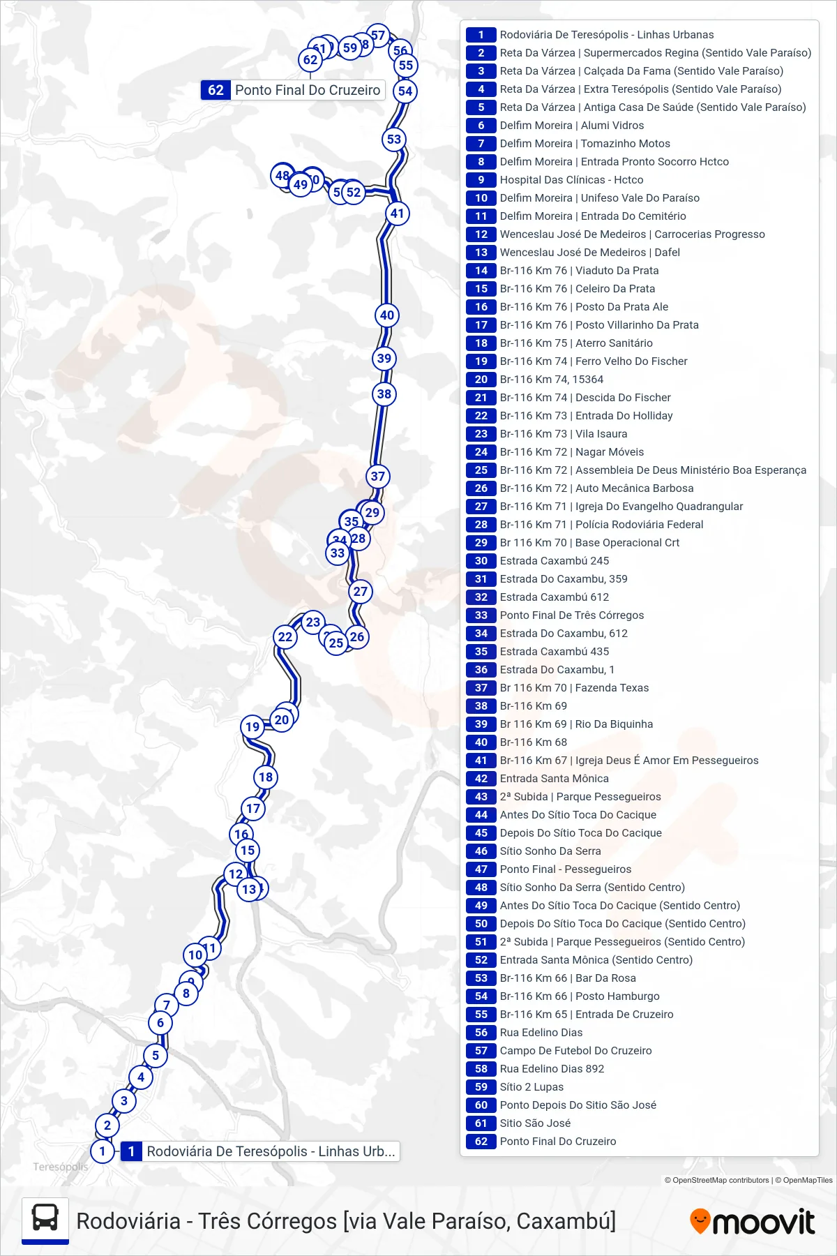 Rota e paradas da linha de ônibus  24  (Três Córregos ↔ Cruzeiro                                              [Via Parque Pessegueiros]) no mapa