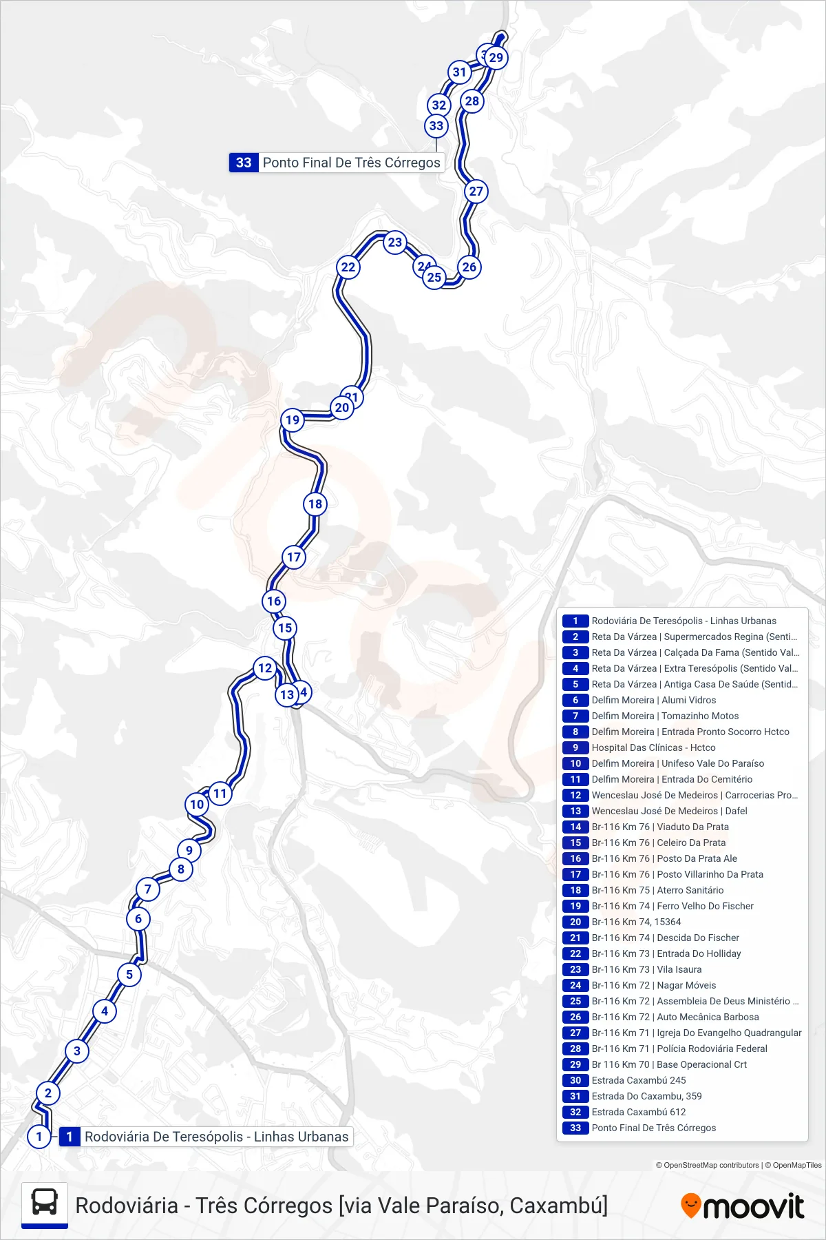 Rota e paradas da linha de ônibus  24  (Três Córregos [Via V. Paraíso, Caxambú]) no mapa