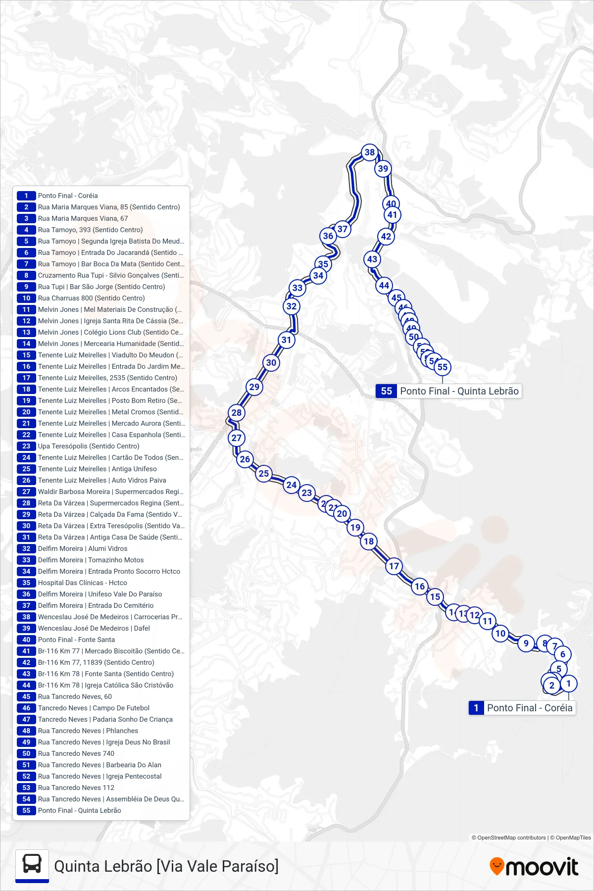 Rota e paradas da linha de ônibus  52  (Quinta Lebrão [Via Vale Paraíso]) no mapa