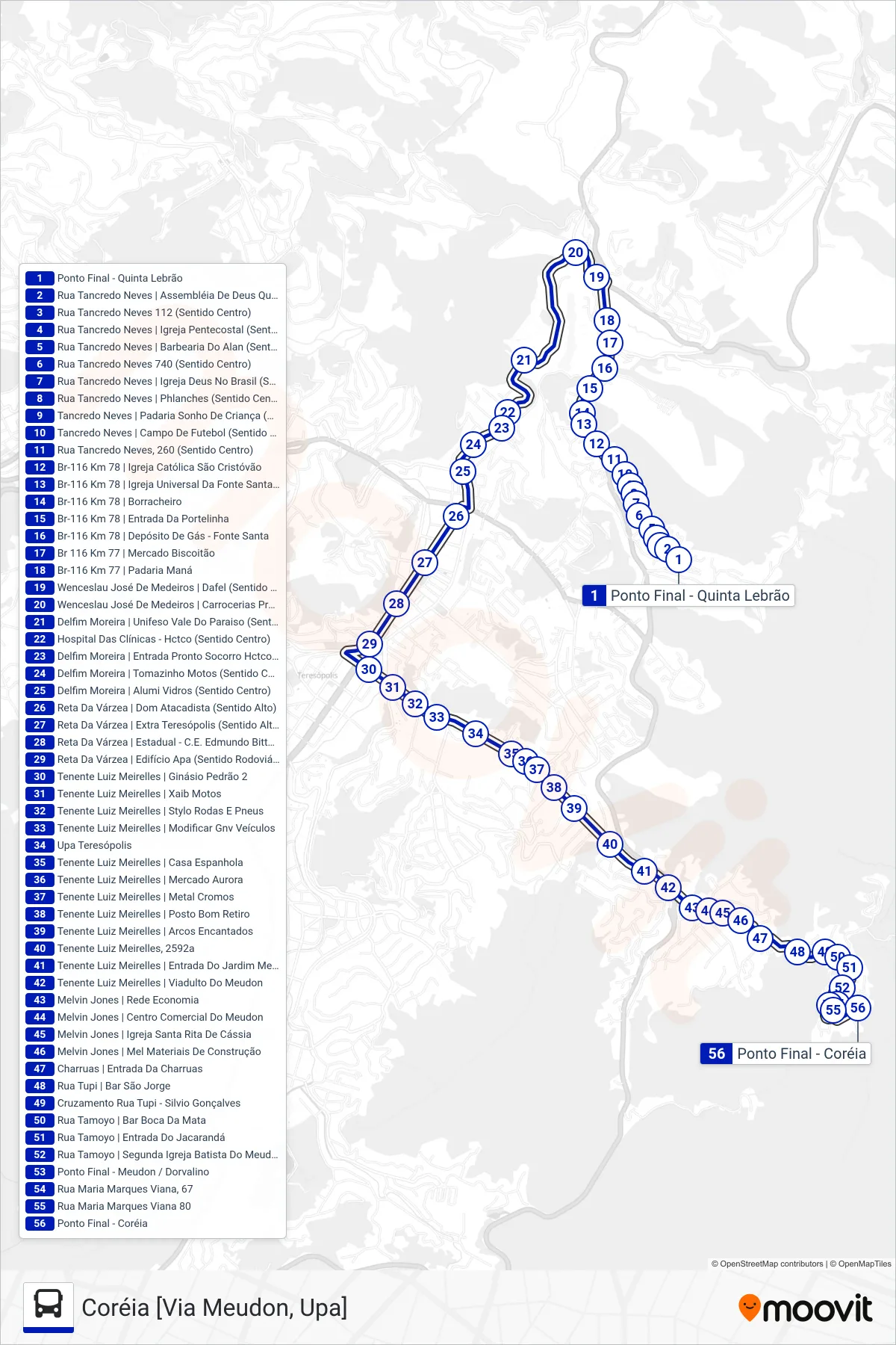 Rota e paradas da linha de ônibus  52  (Coréia [Via Meudon, Upa]) no mapa