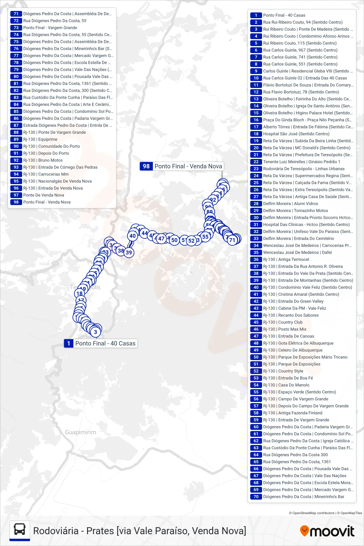 Rota e paradas da linha de ônibus  59  (Venda Nova [Via Vargem Grande]) no mapa