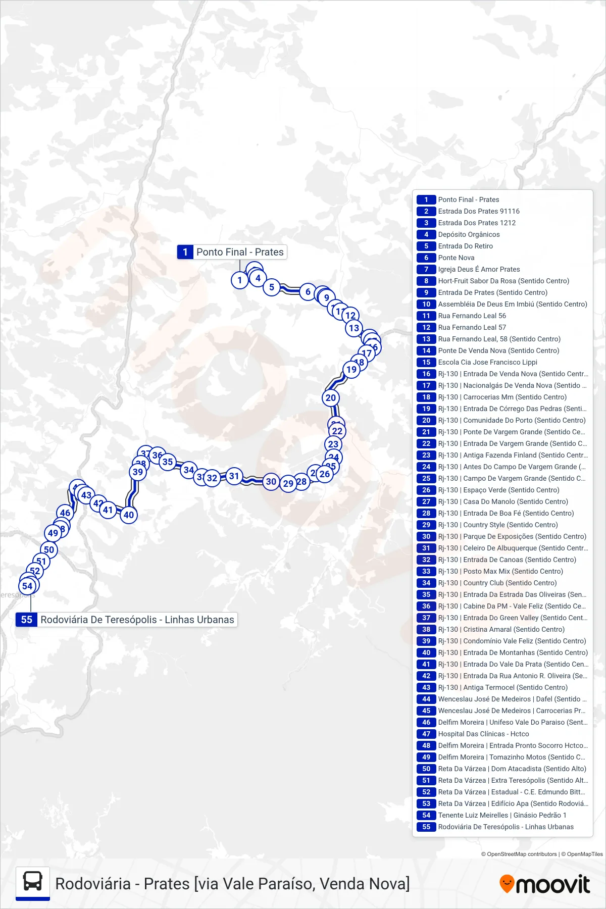 Rota e paradas da linha de ônibus  59  (Rodoviária [Via Vale Paraíso]) no mapa