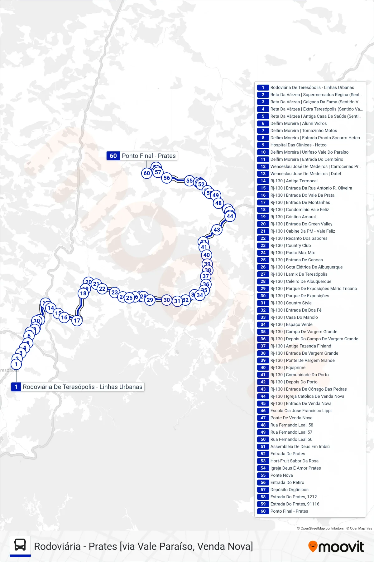 Rota e paradas da linha de ônibus  59  (Prates [Via Venda Nova]) no mapa