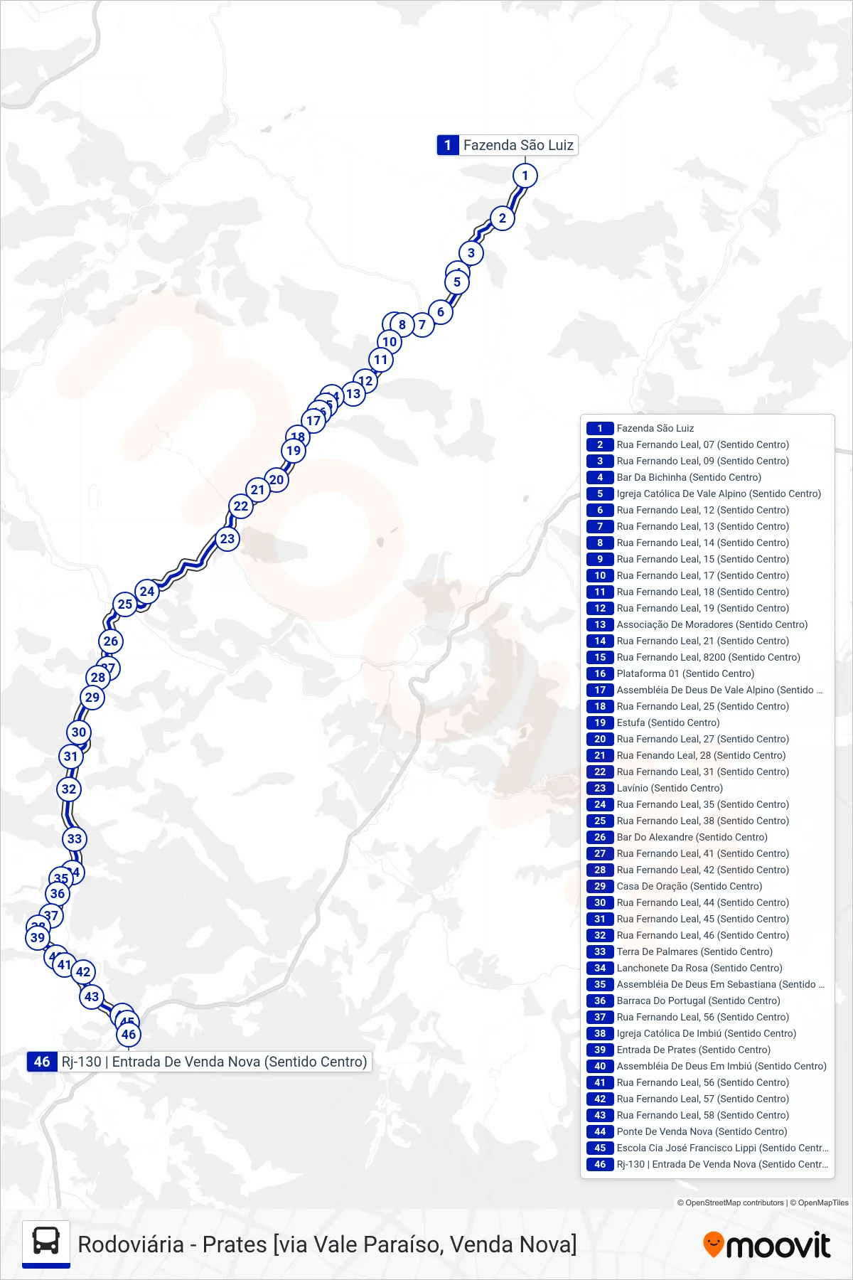 Rota e paradas da linha de ônibus  59  (Venda Nova [Via Imbiú]) no mapa