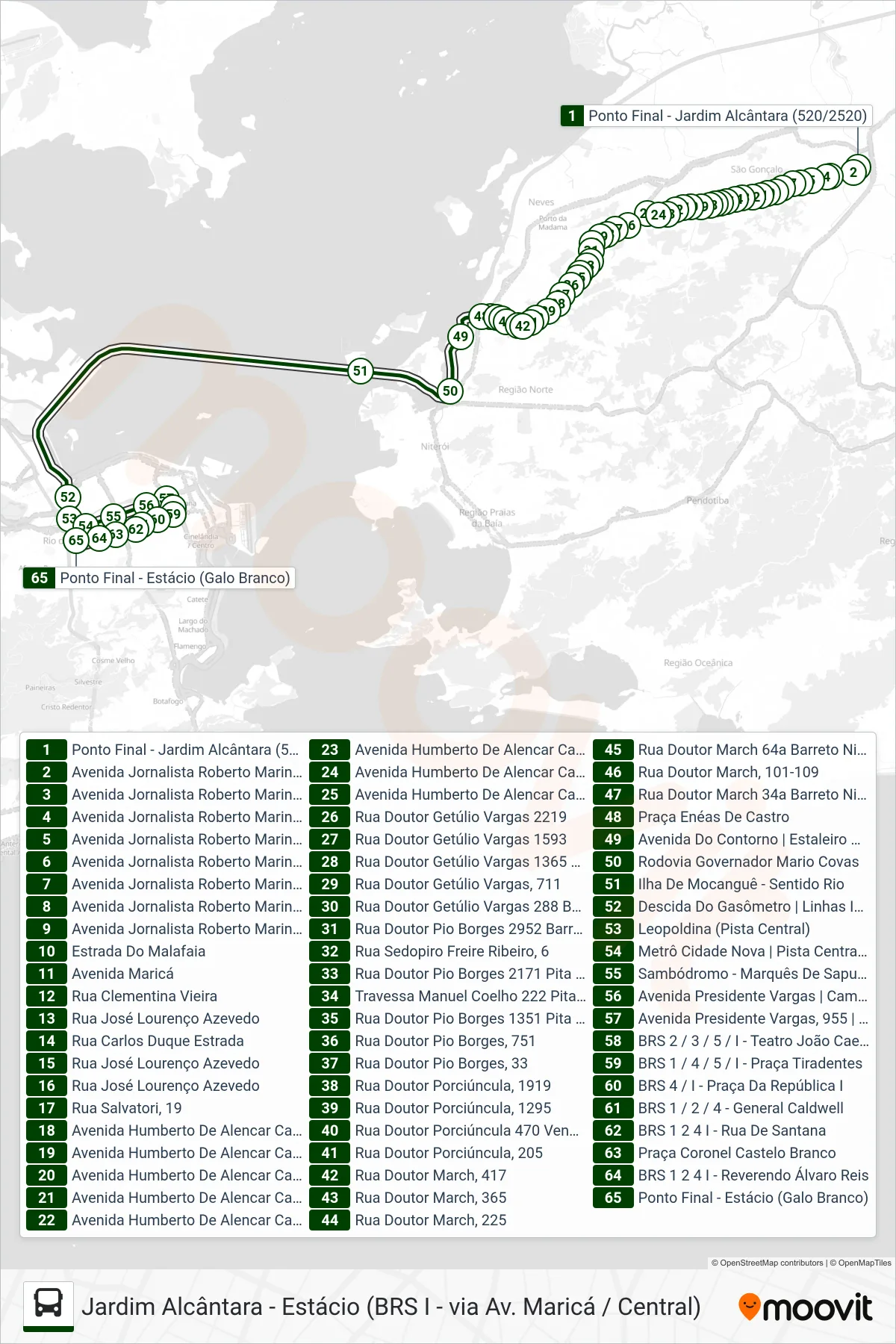 Rota e paradas da linha de ônibus 520D (Estácio) no mapa