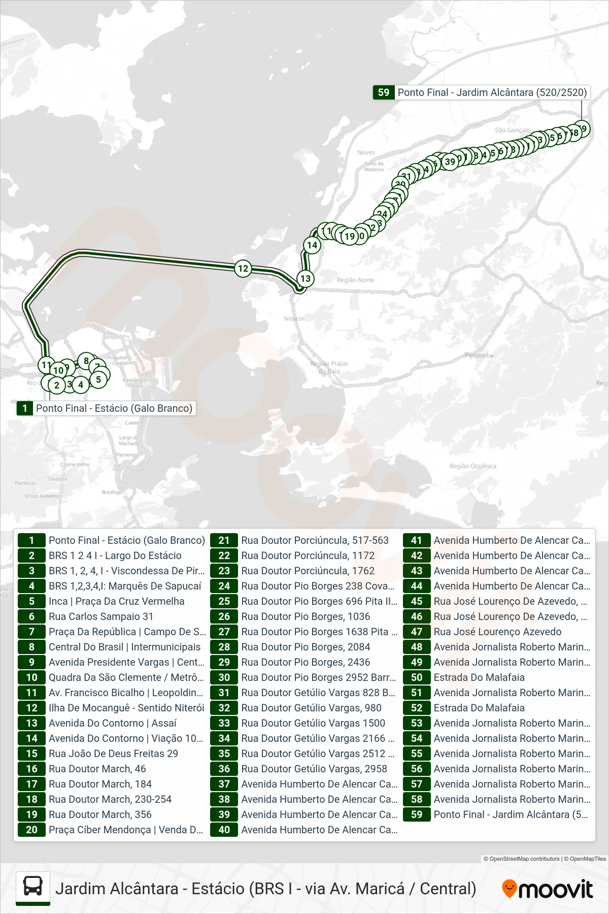 Rota e paradas da linha de ônibus  520D  (Jardim Alcântara) no mapa