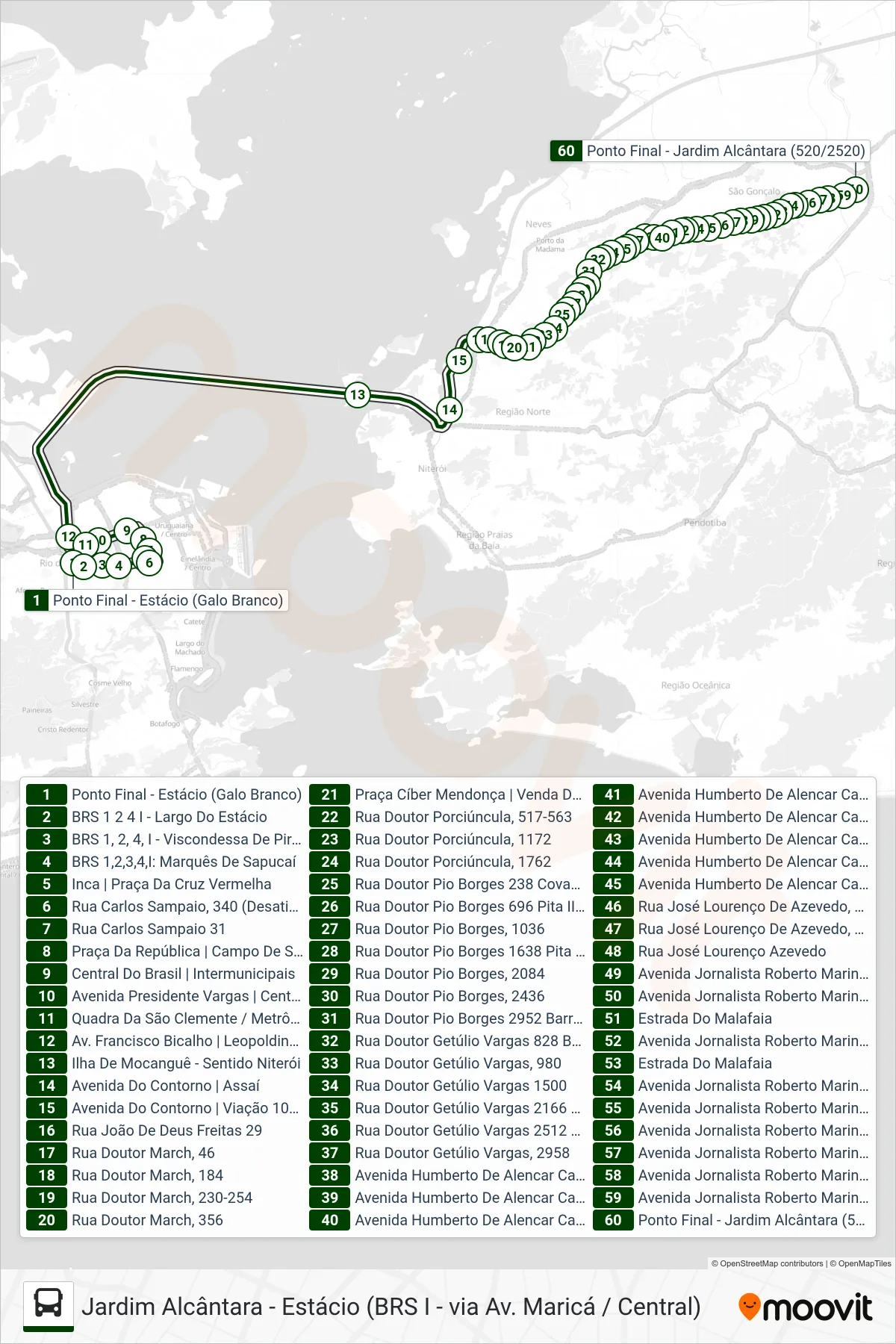 Rota e paradas da linha de ônibus 520D (Jardim Alcântara (Área De Lazer)) no mapa