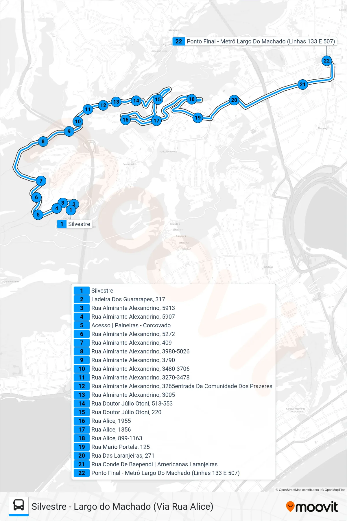 Rota e paradas da linha de ônibus 507 (Largo Do Machado) no mapa