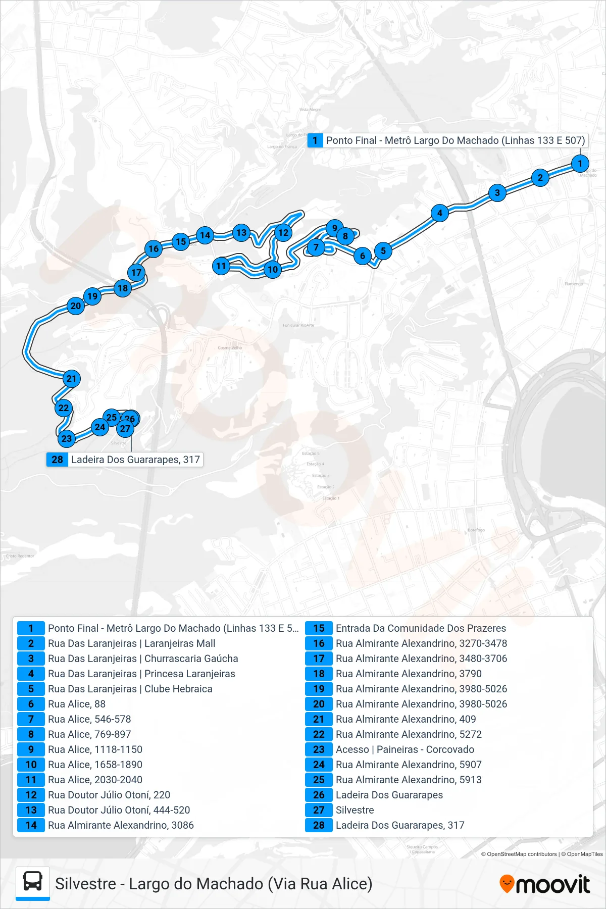 Rota e paradas da linha de ônibus 507 (Silvestre) no mapa