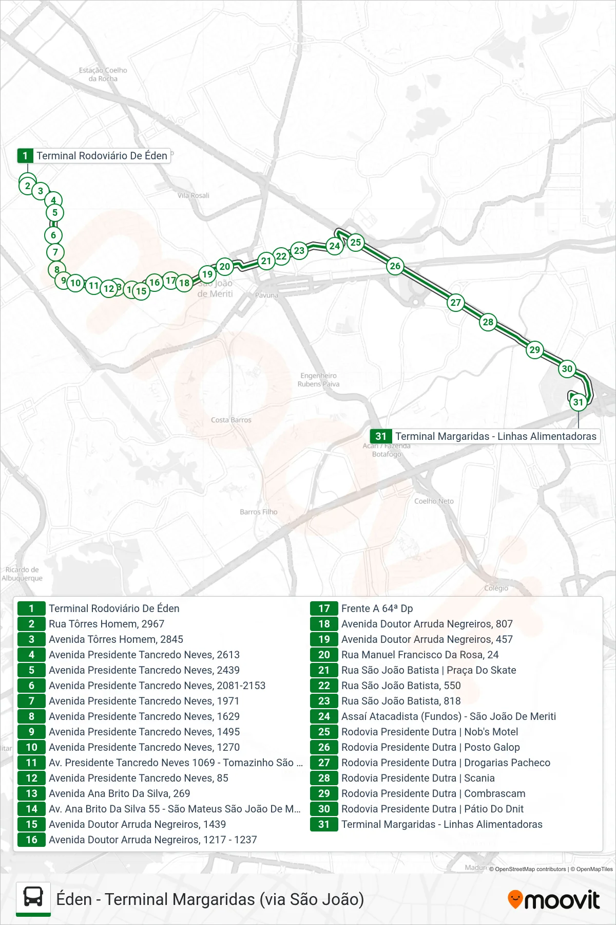 Rota e paradas da linha de ônibus 519I (Terminal Margaridas) no mapa