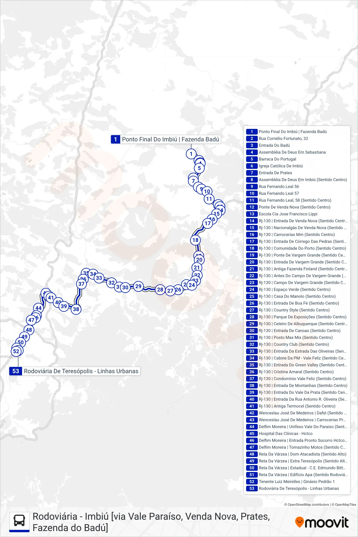 Rota e paradas da linha de ônibus  48  (Rodoviária [Via Vale do Paraíso]) no mapa