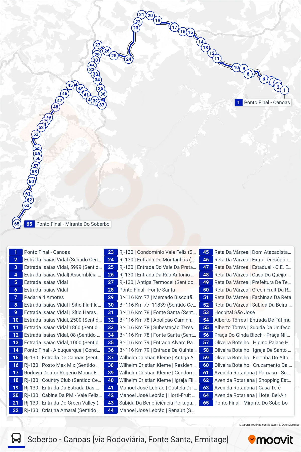 Rota e paradas da linha de ônibus  49  (Soberbo [Via Ermitage, Alto]) no mapa