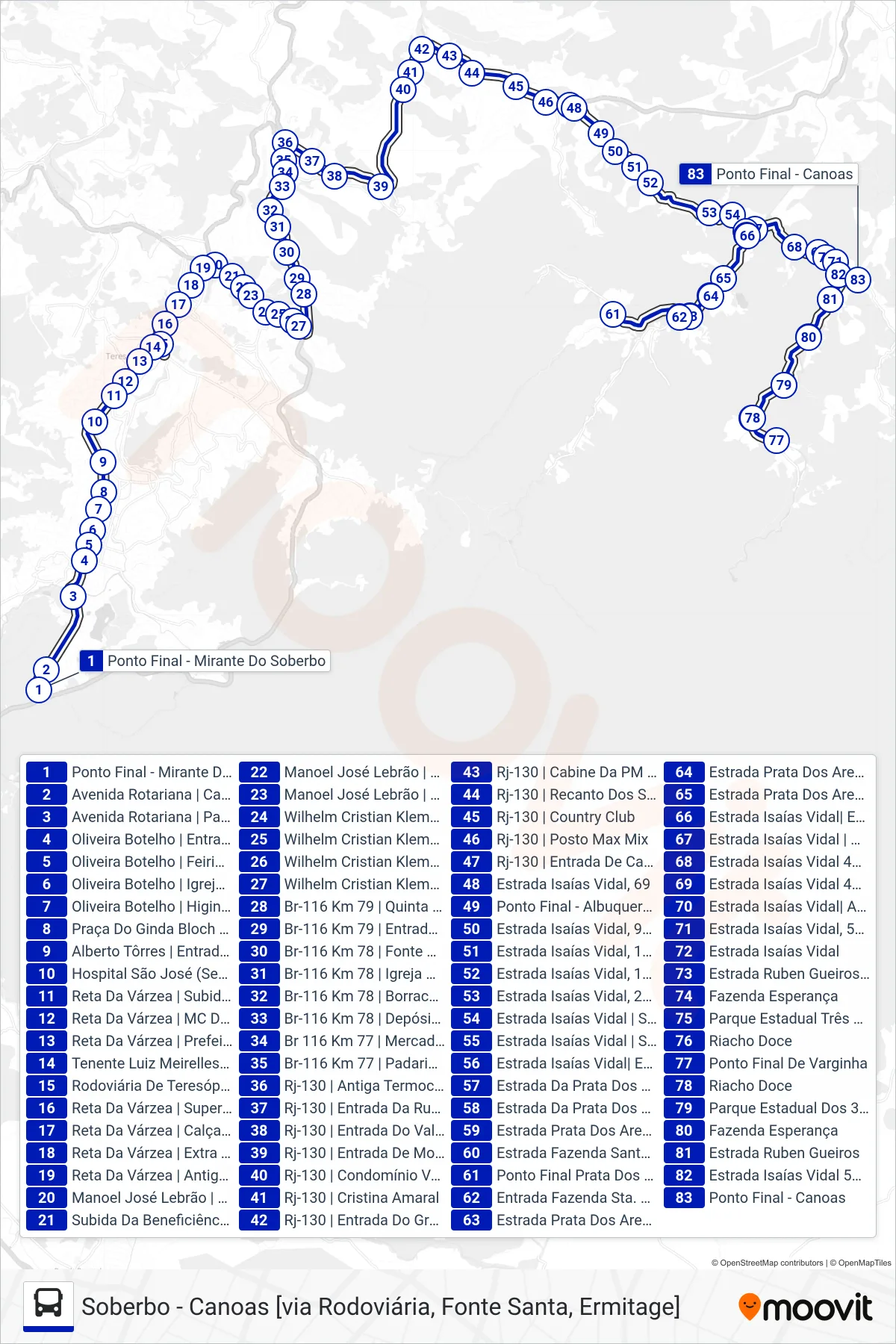Rota e paradas da linha de ônibus  49  (Canoas [Via Prata dos Aredes, Varginha]) no mapa