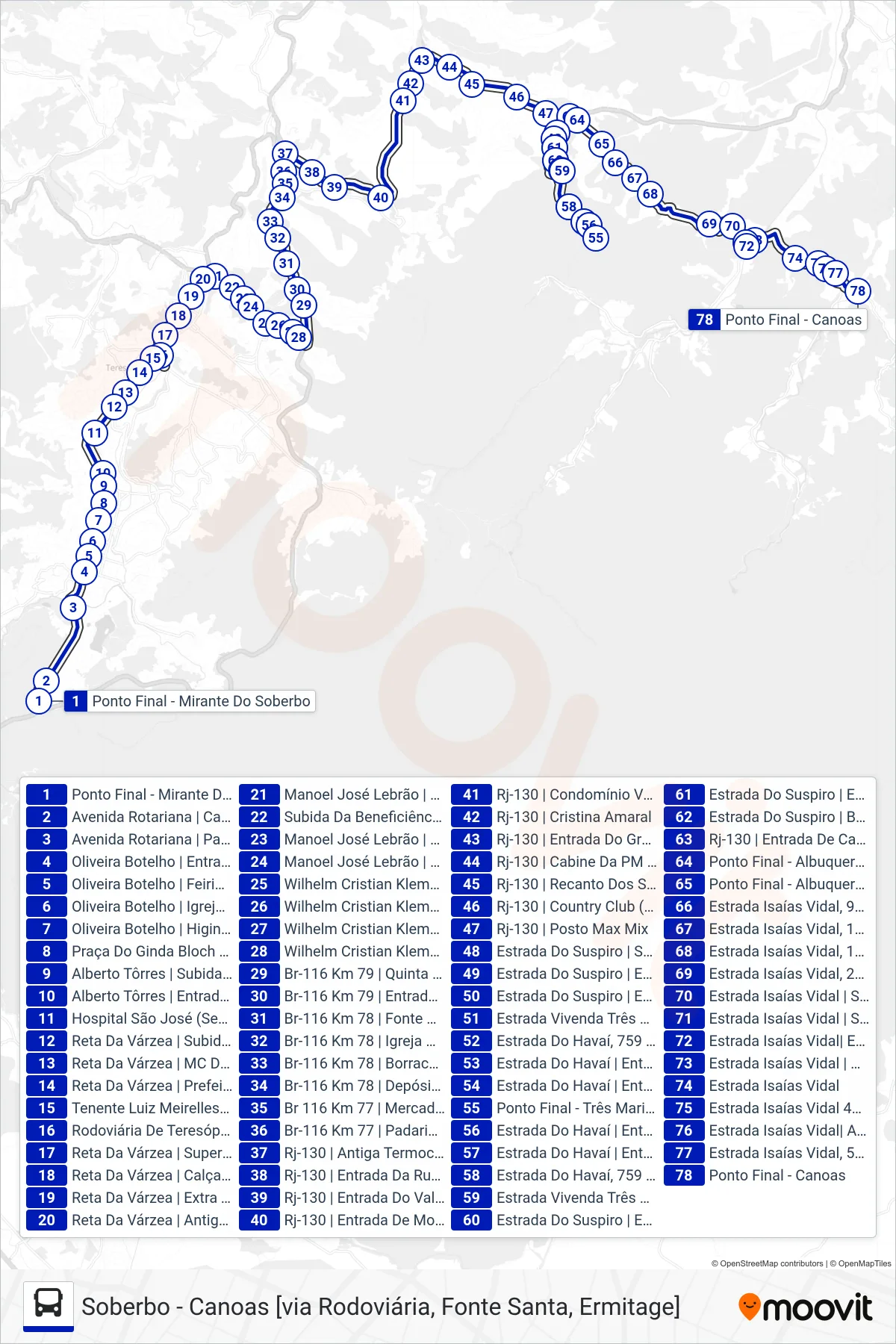 Rota e paradas da linha de ônibus  49  (Canoas [Via Três Marias, Suspiro]) no mapa